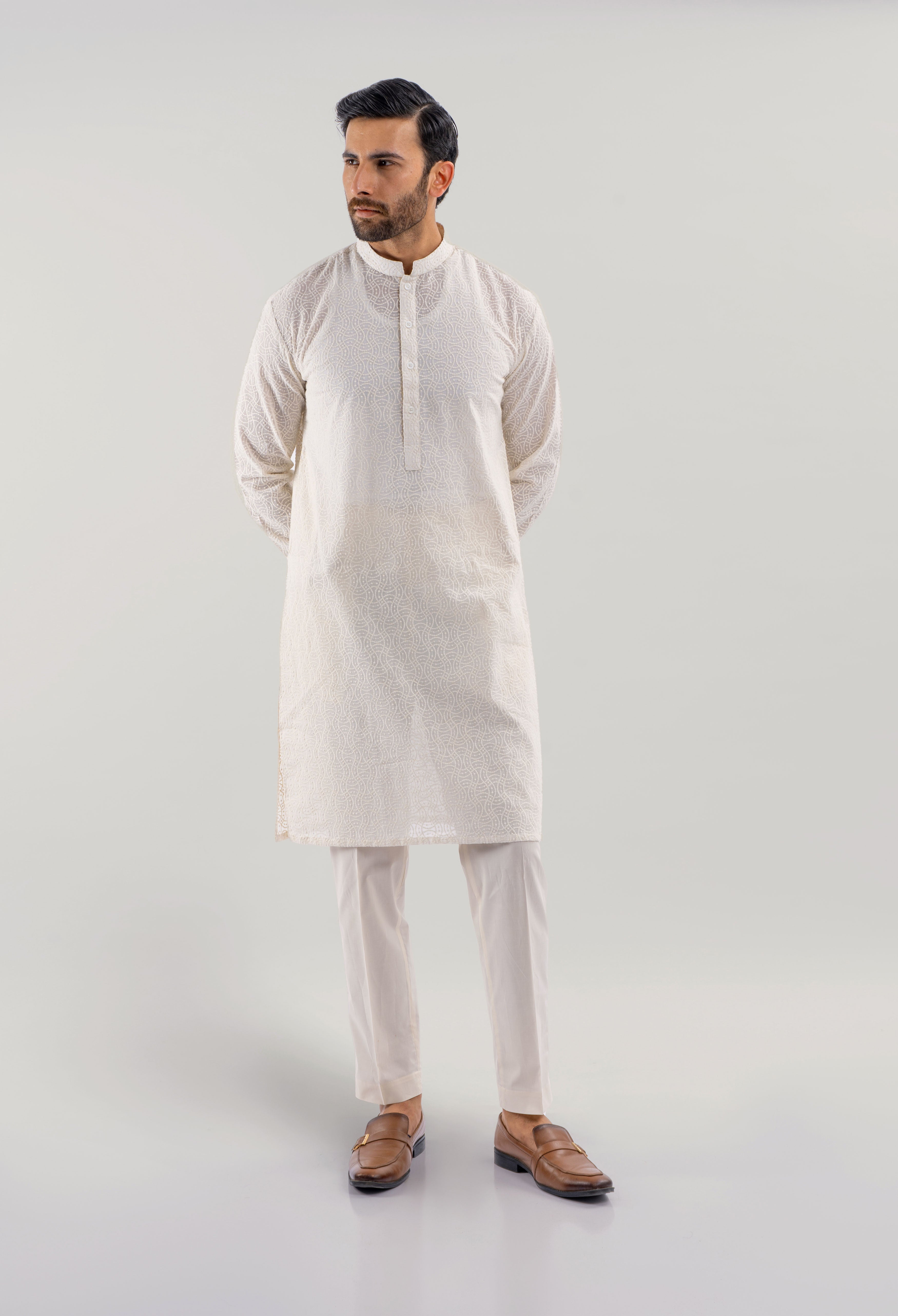 Off White Pearl - Wavy Line Shiffli Kurta Pajama