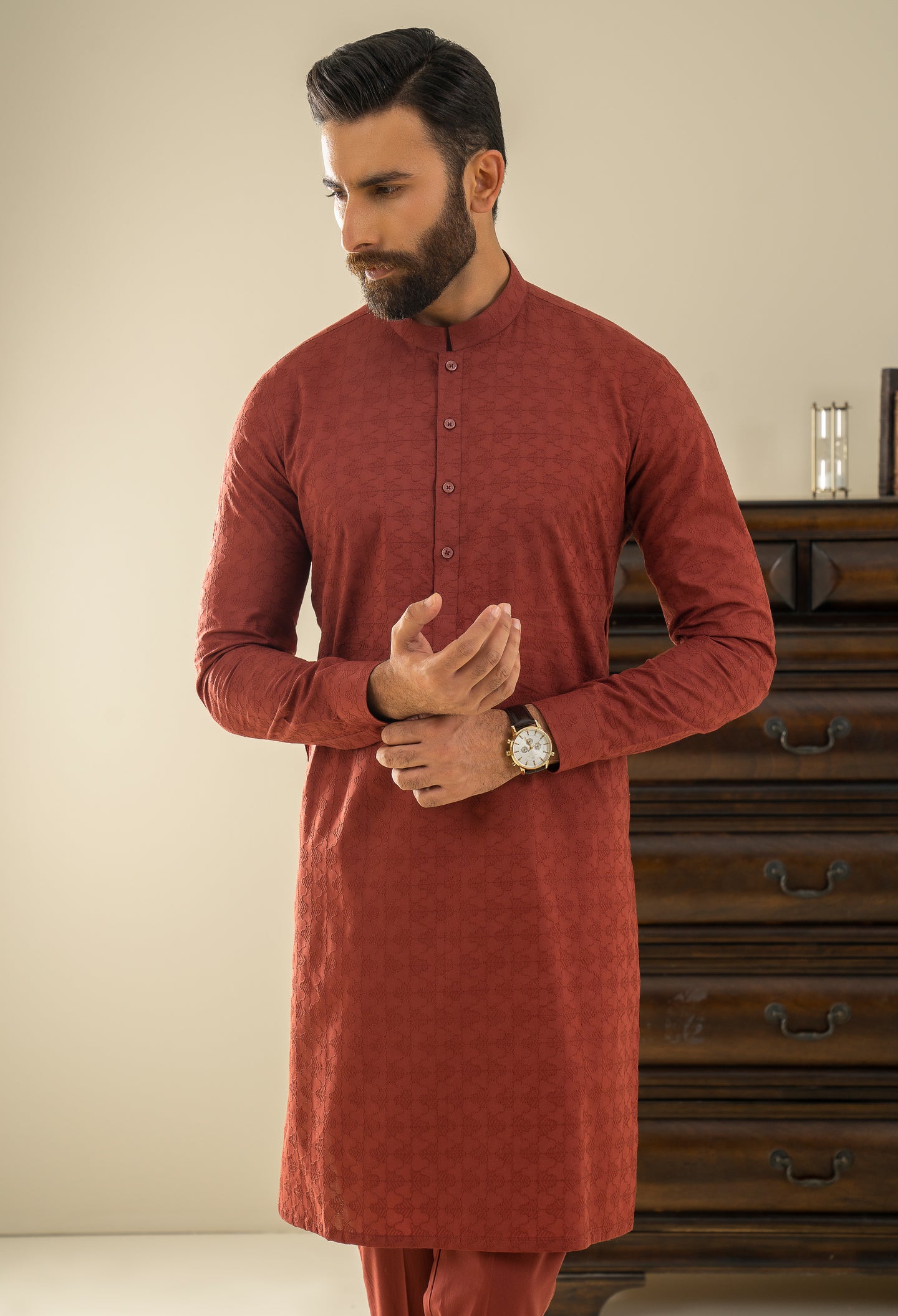 Mulberry Maroon Embroidered Cotton Kurta Pajama