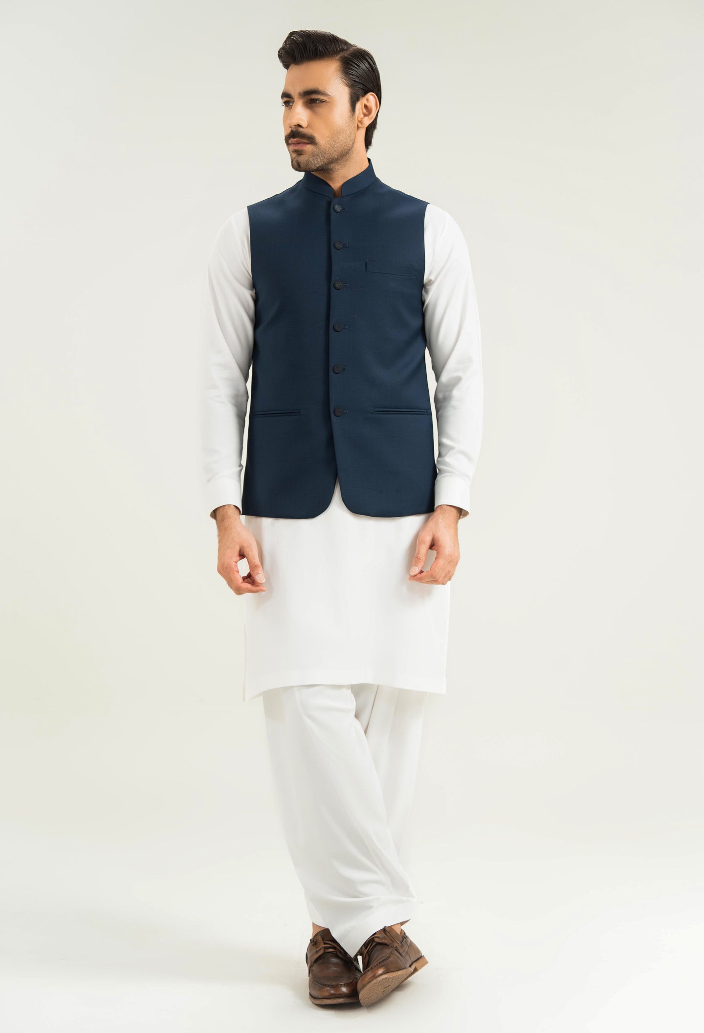 Navy Blue Flora Wool Blend Waistcoat
