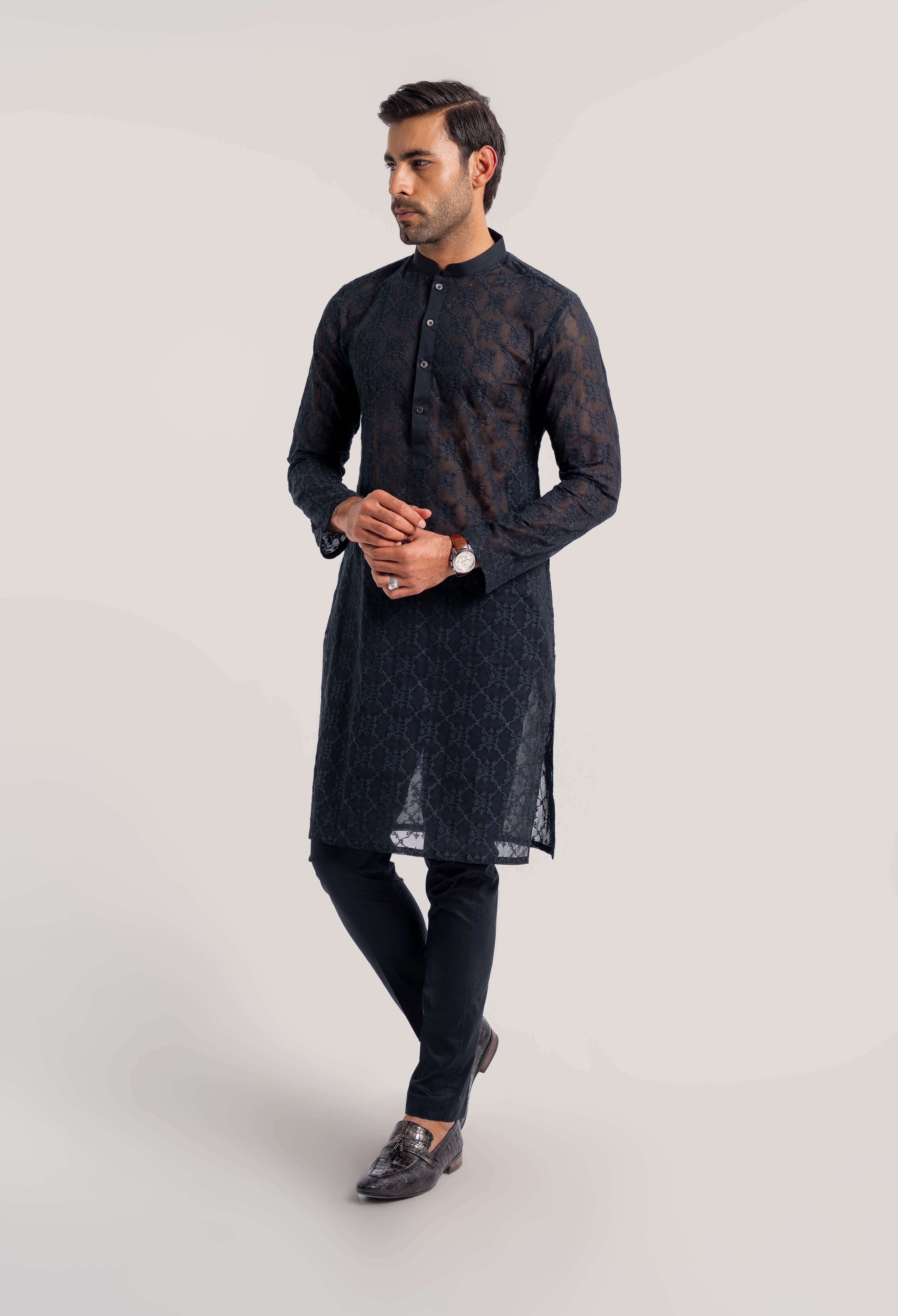 Onyx Black - Floral Bear Schiffli Kurta Pajama