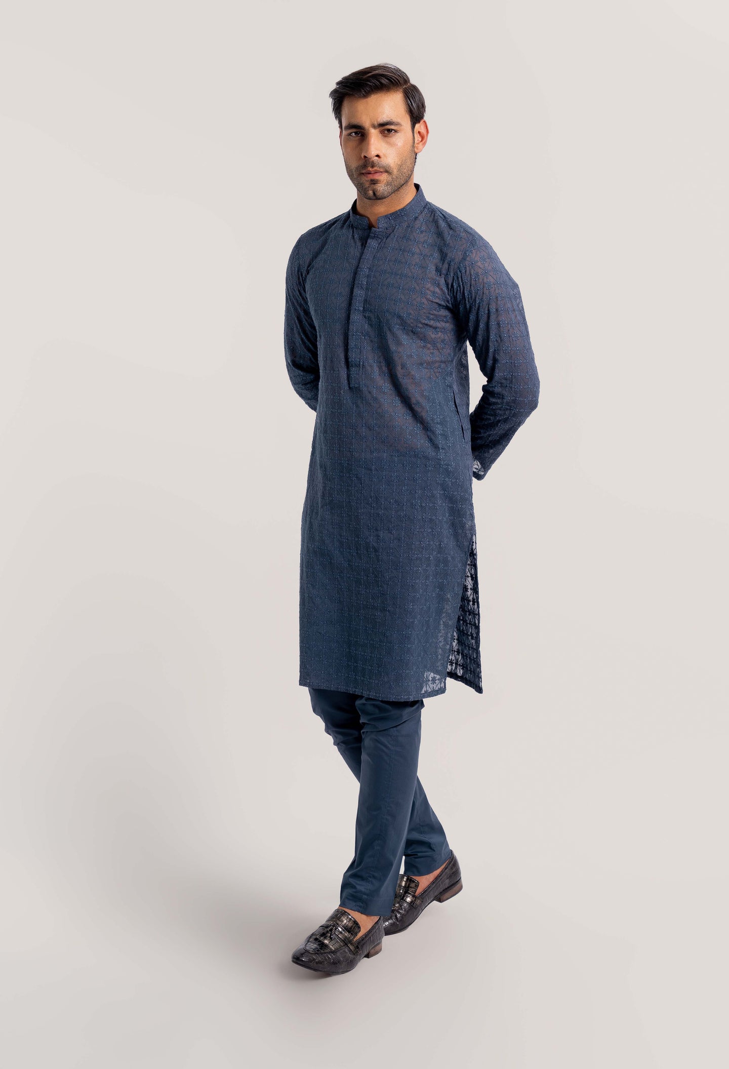 Prussian Blue - Daisy Bloom Schiffli Kurta Pajama (GPS-000118)