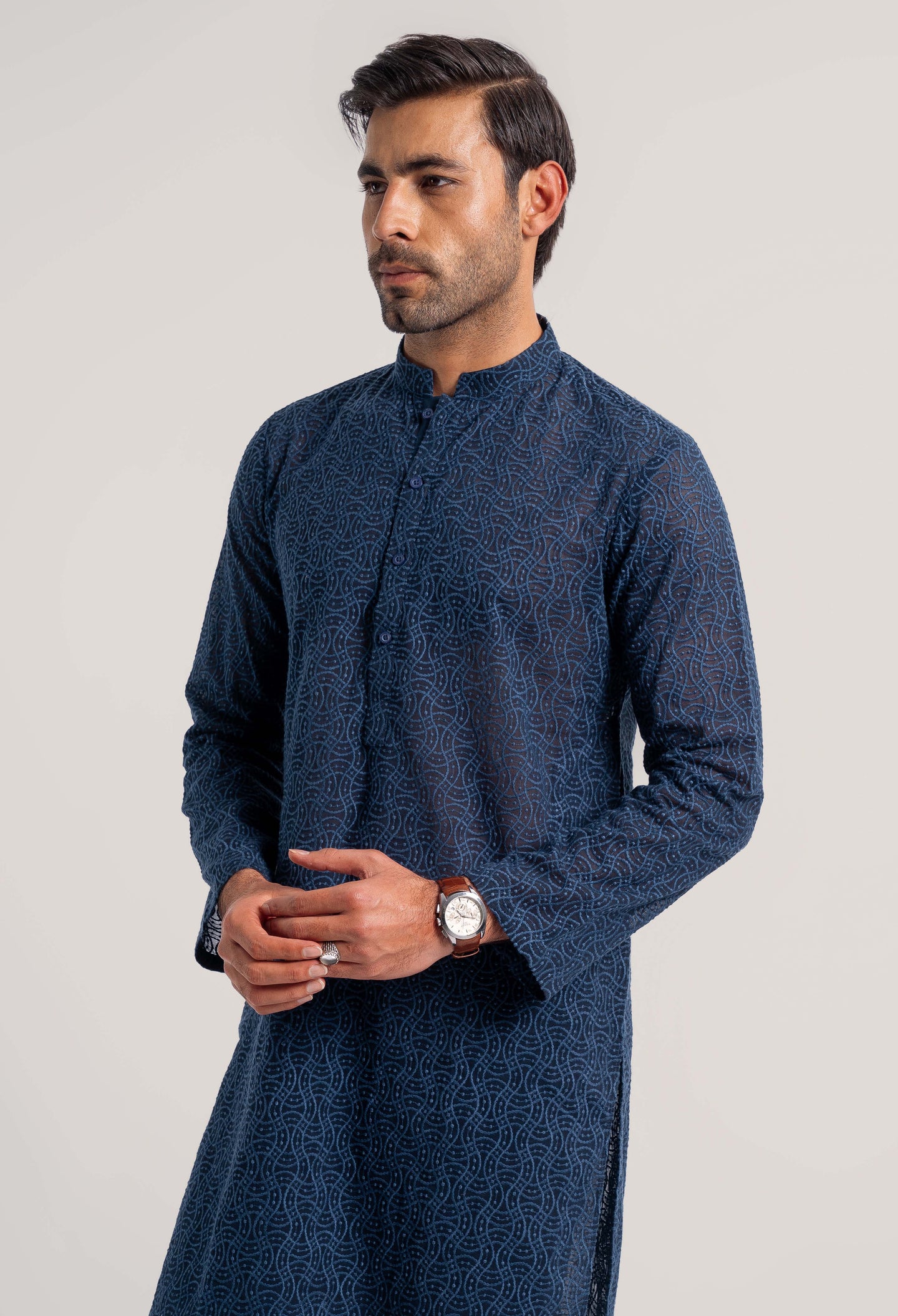 Denim Blue - Wavy Line Schiffli Kurta Pajama
