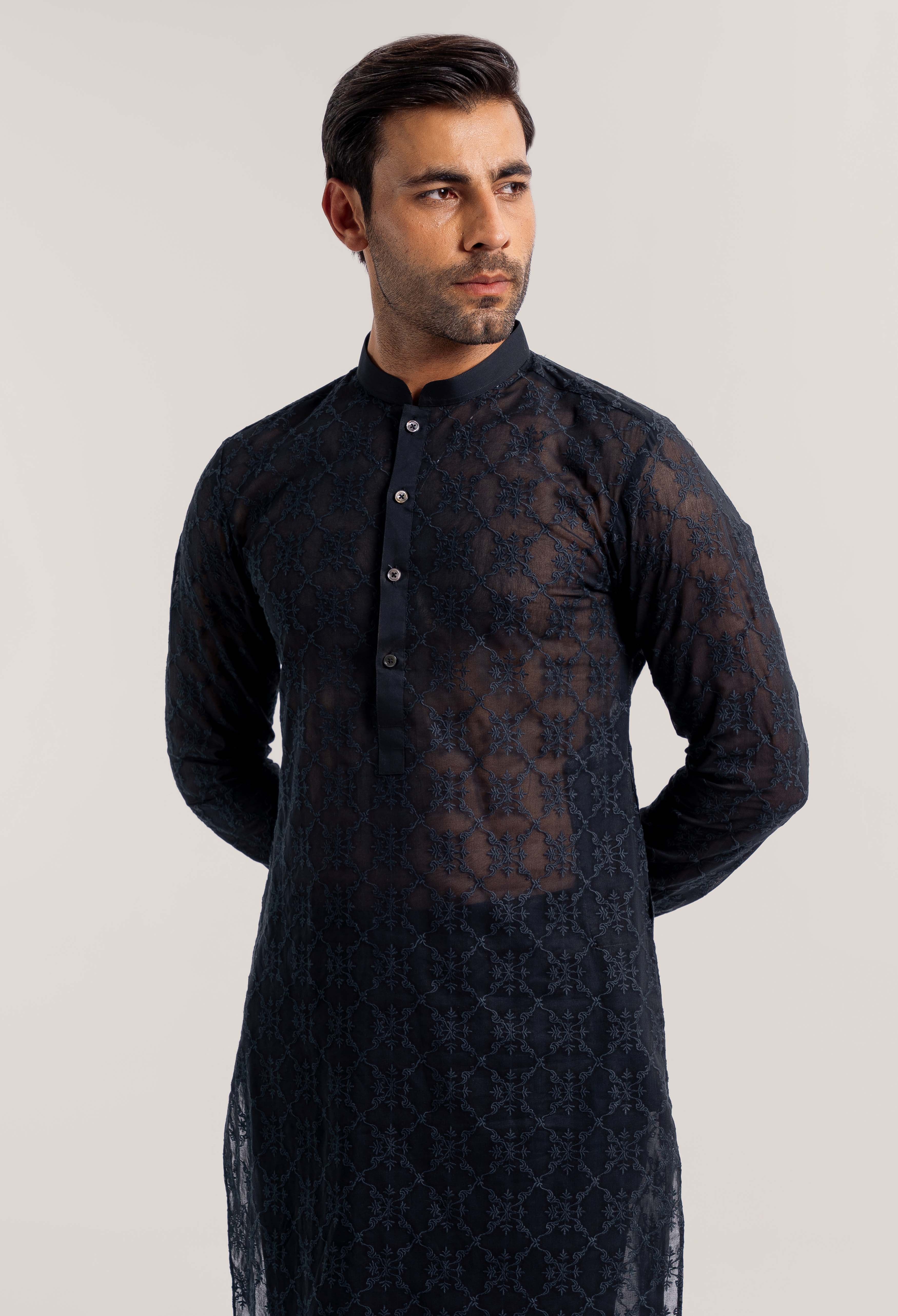 Onyx Black - Floral Bear Schiffli Kurta Pajama