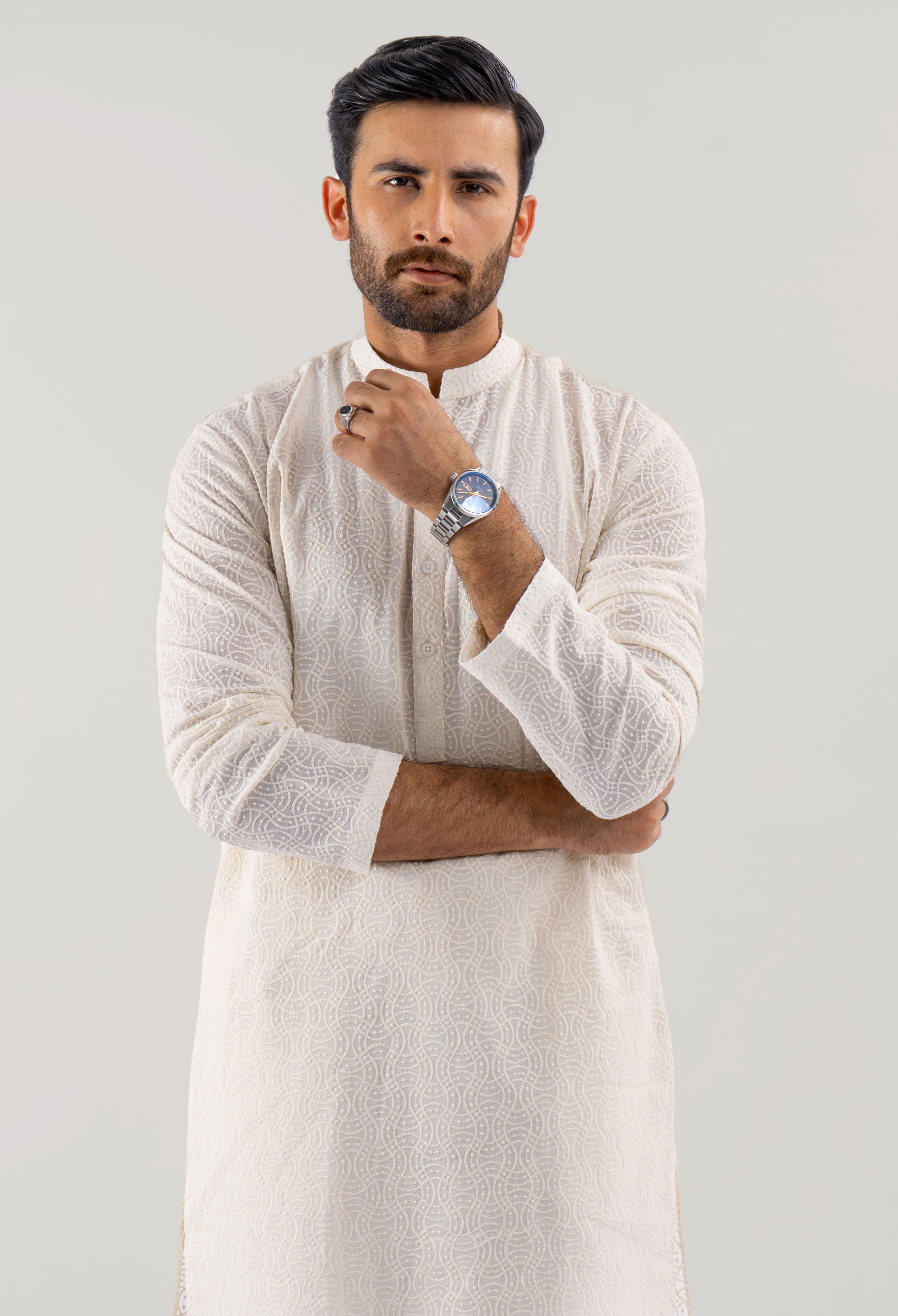 Off White Pearl - Wavy Line Shiffli Kurta Pajama