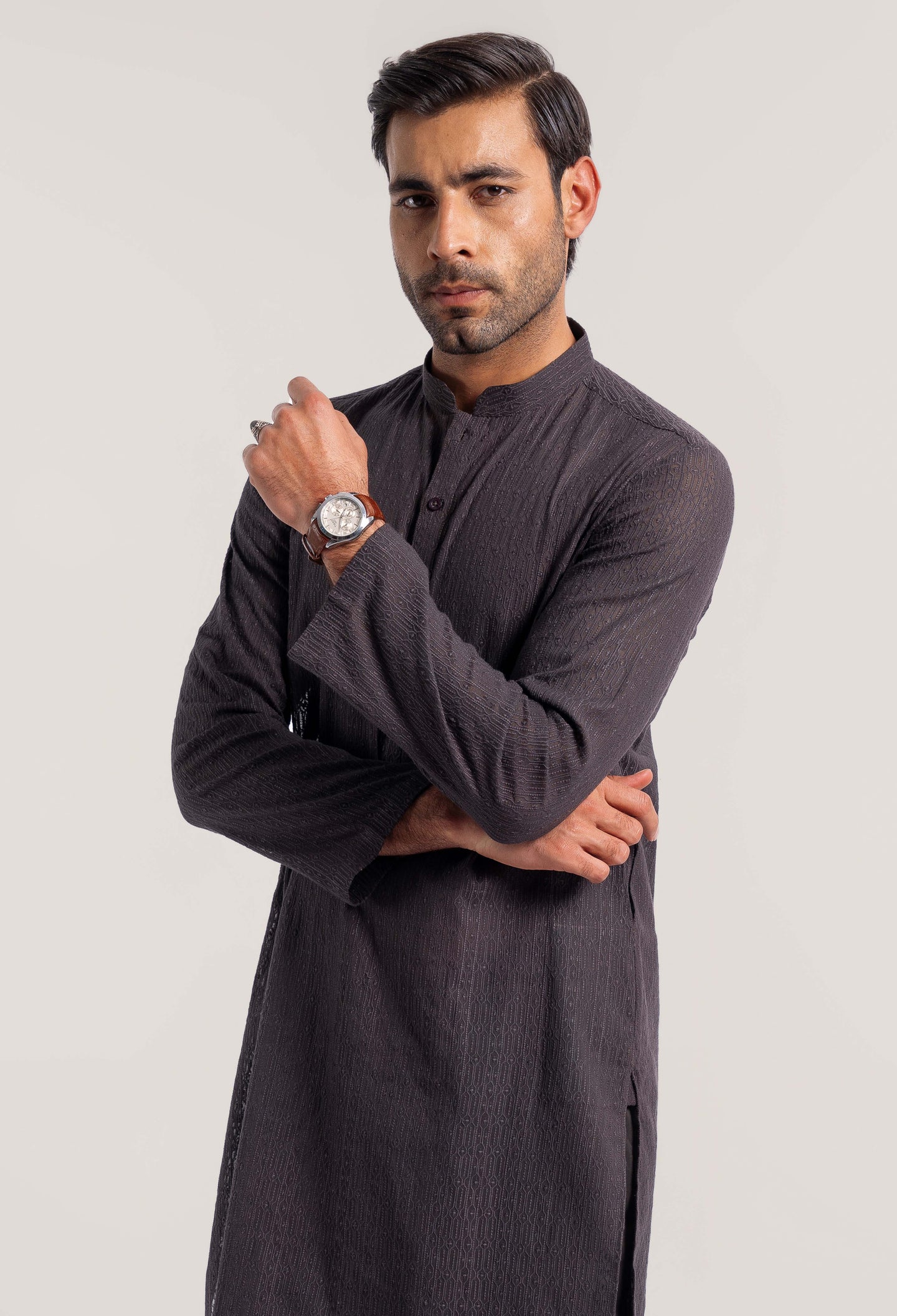 Wood Brown Pearl - Wavy Line Schiffli Kurta Pajama