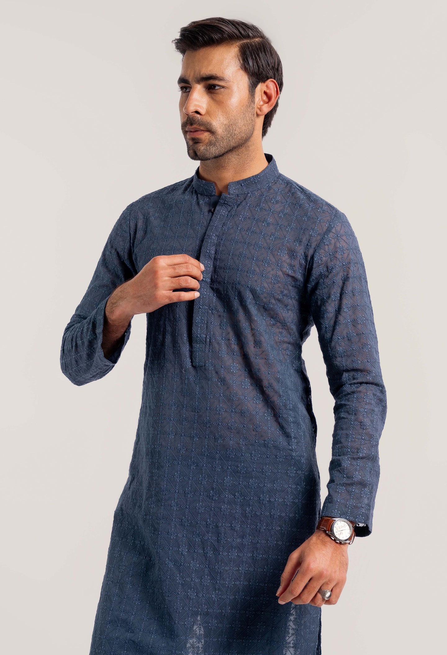 Prussian Blue - Daisy Bloom Schiffli Kurta Pajama (GPS-000118)