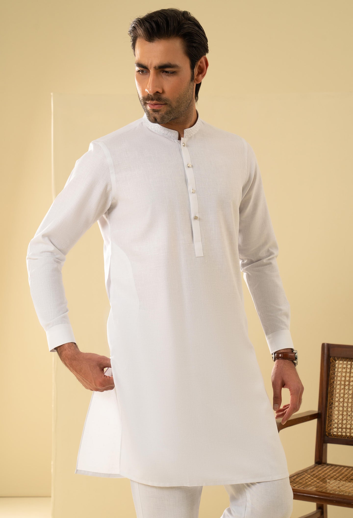 Linen White Embroidered Kurta Pajama