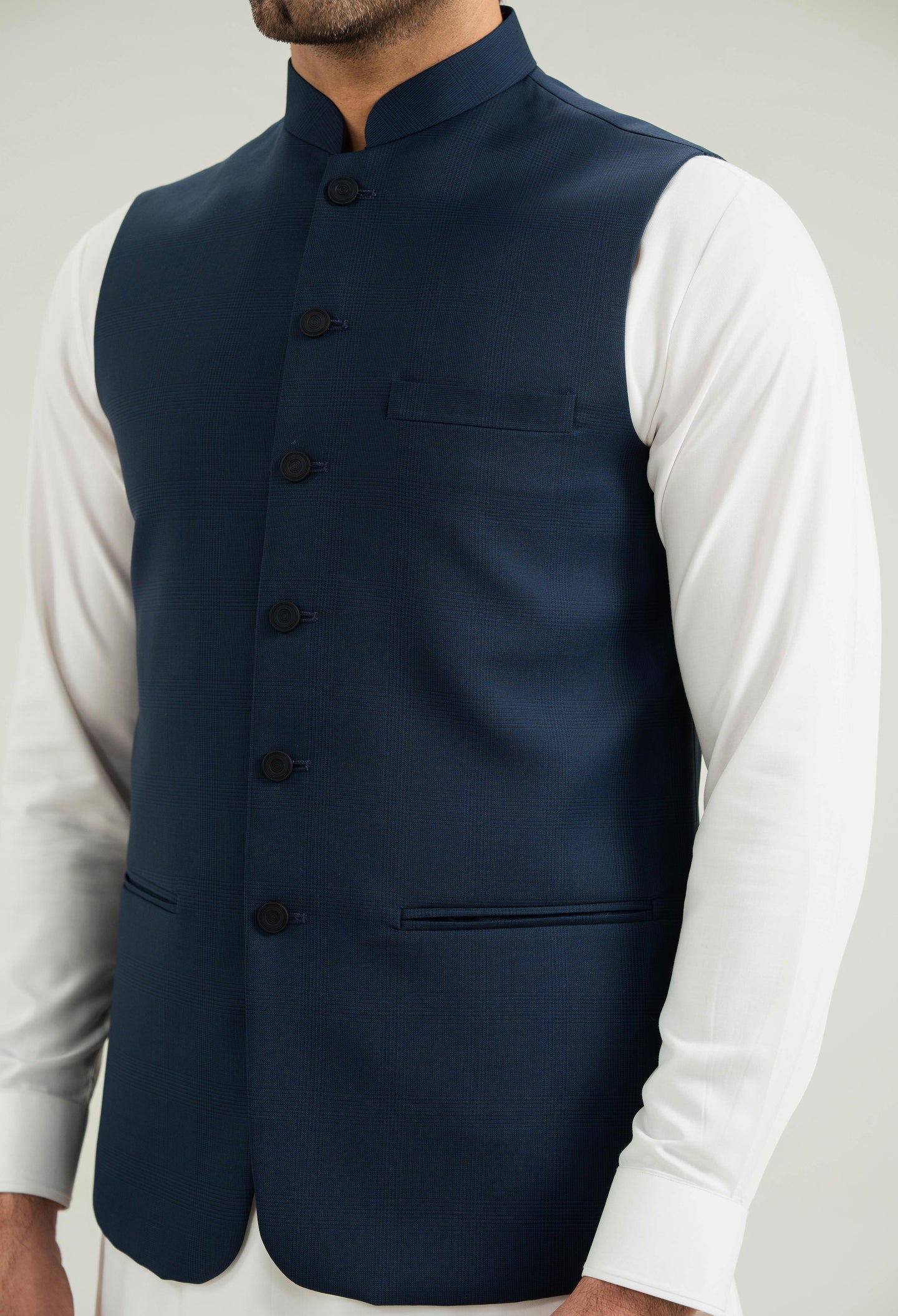 Navy Blue Flora Wool Blend Waistcoat