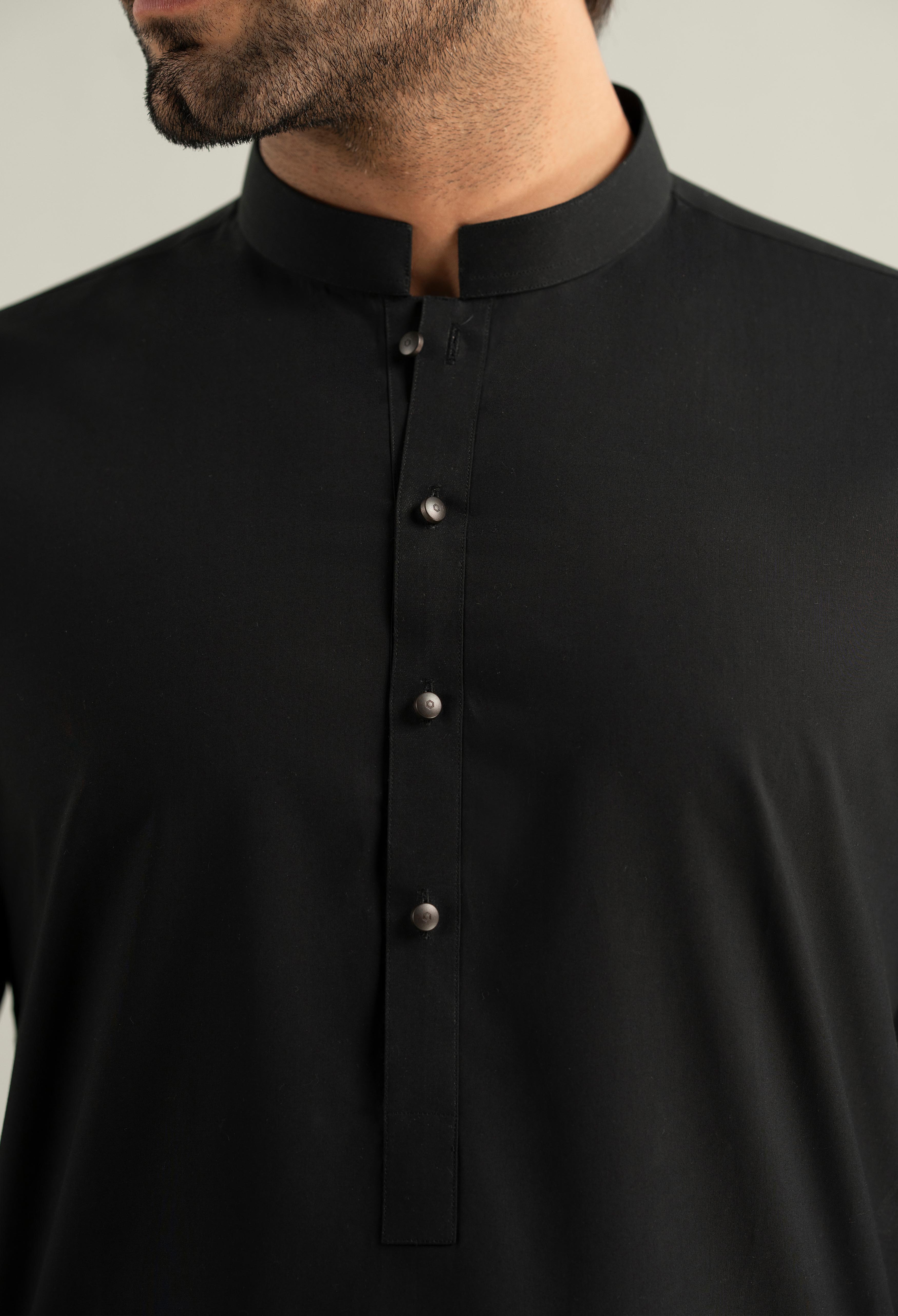 Jet Black Cotton Kameez Shalwar