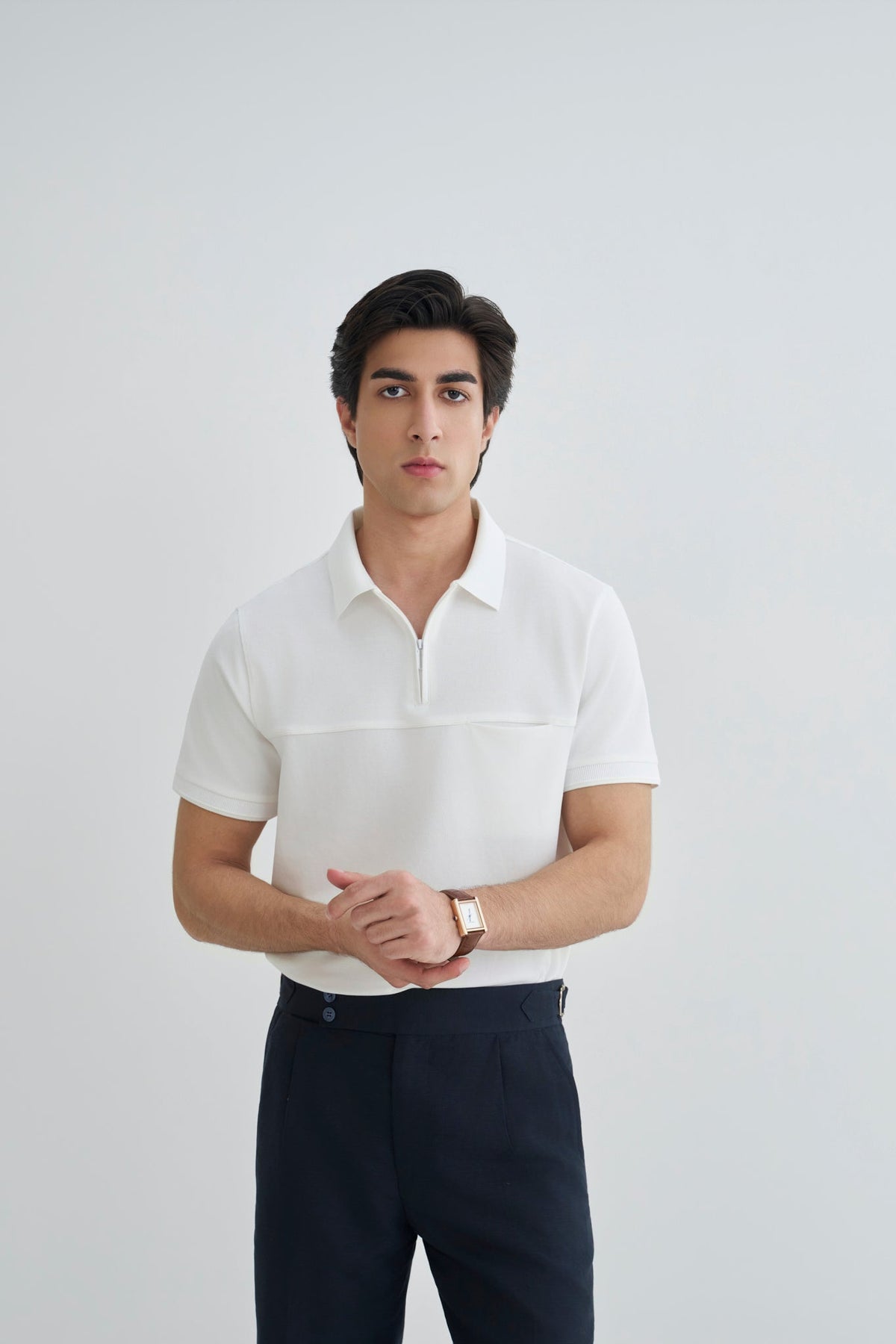 Off White Textured Zip Polo