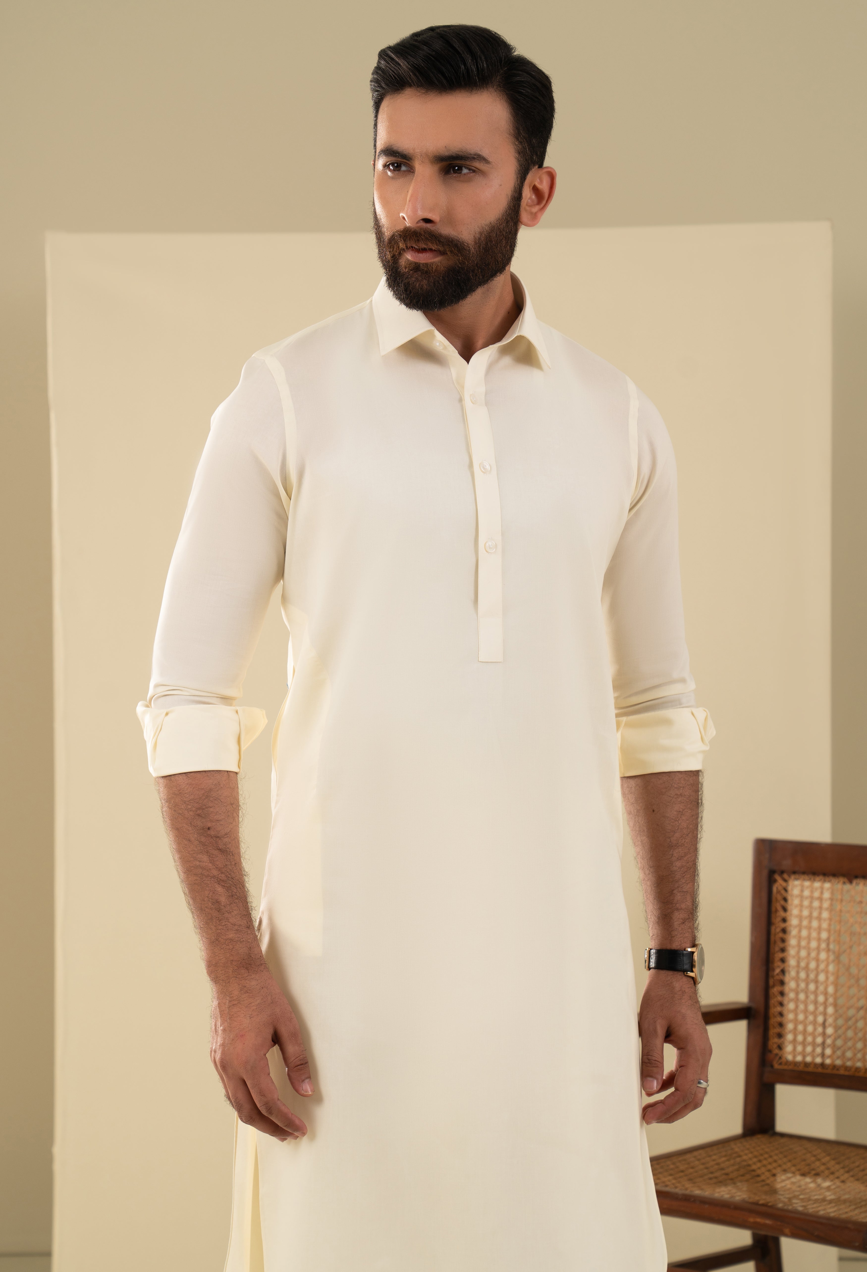 Creamy Beige Plain Kameez Shalwar