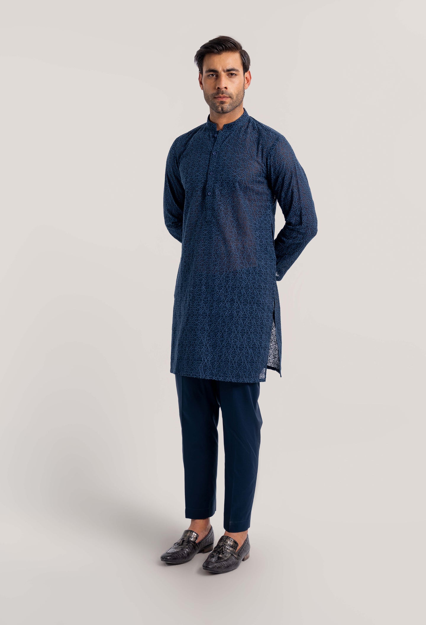 Denim Blue - Wavy Line Schiffli Kurta Pajama