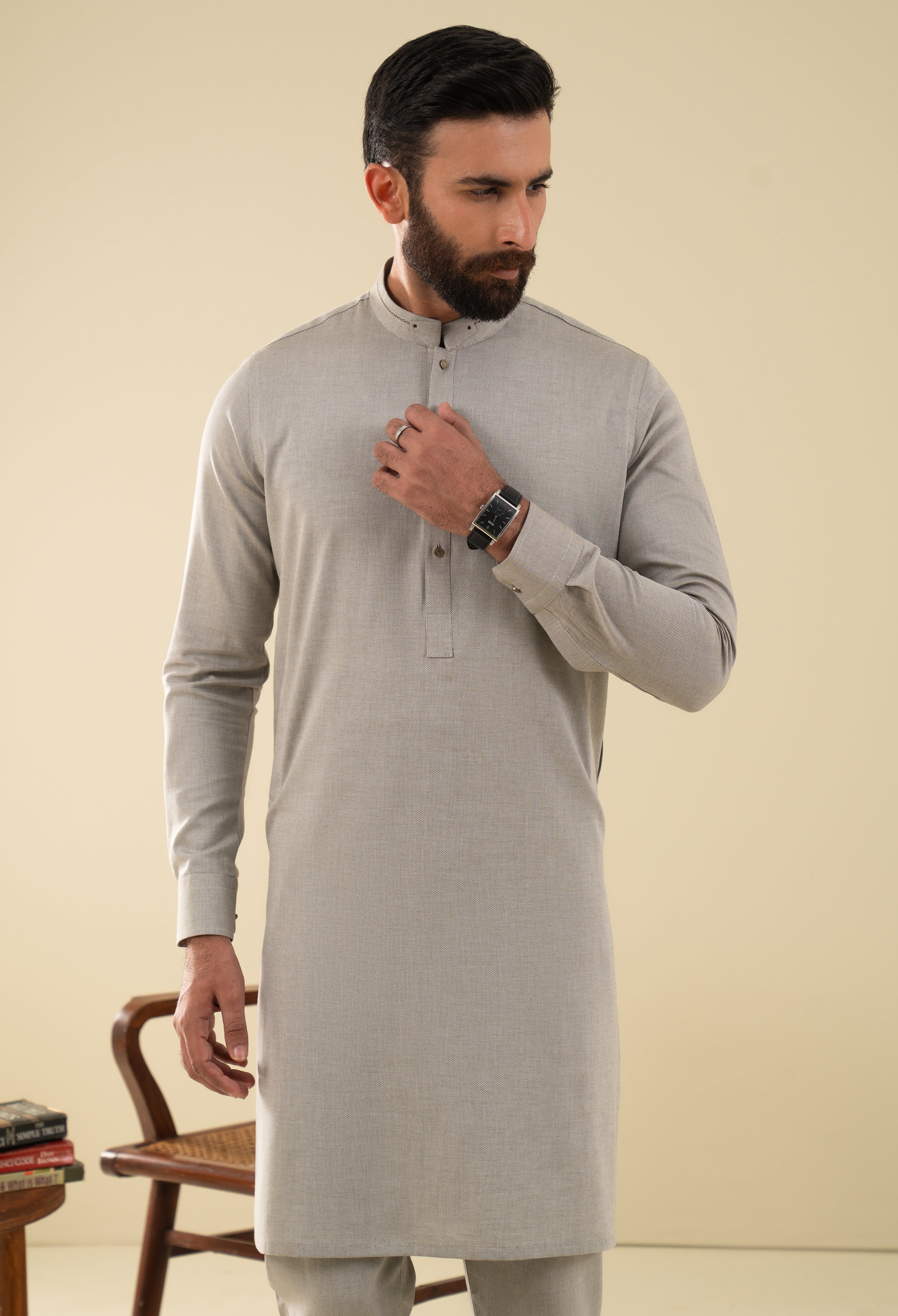 Ash Brown Detailing Kurta Pajama