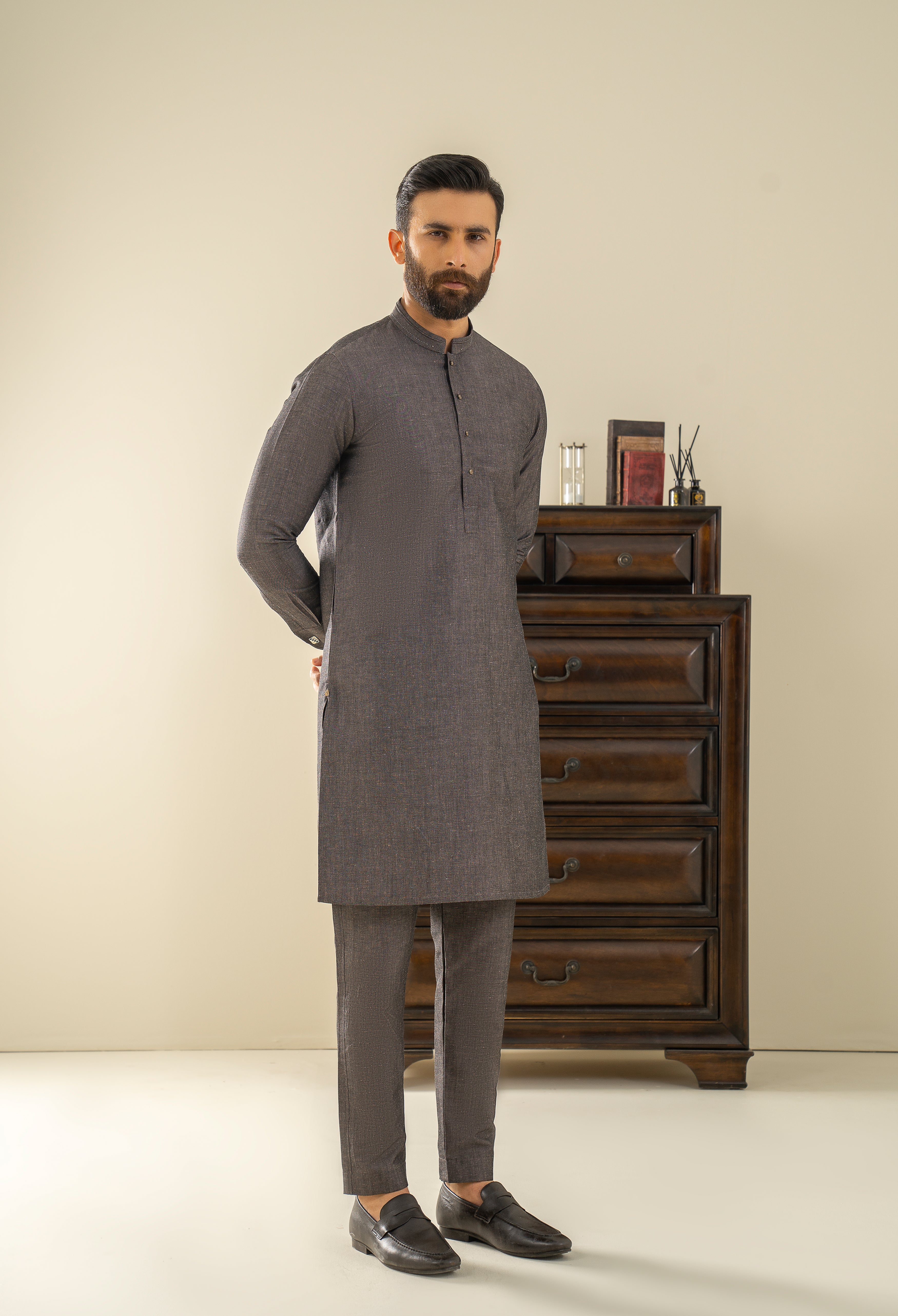 Choco Brown Detailing Kurta Pajama