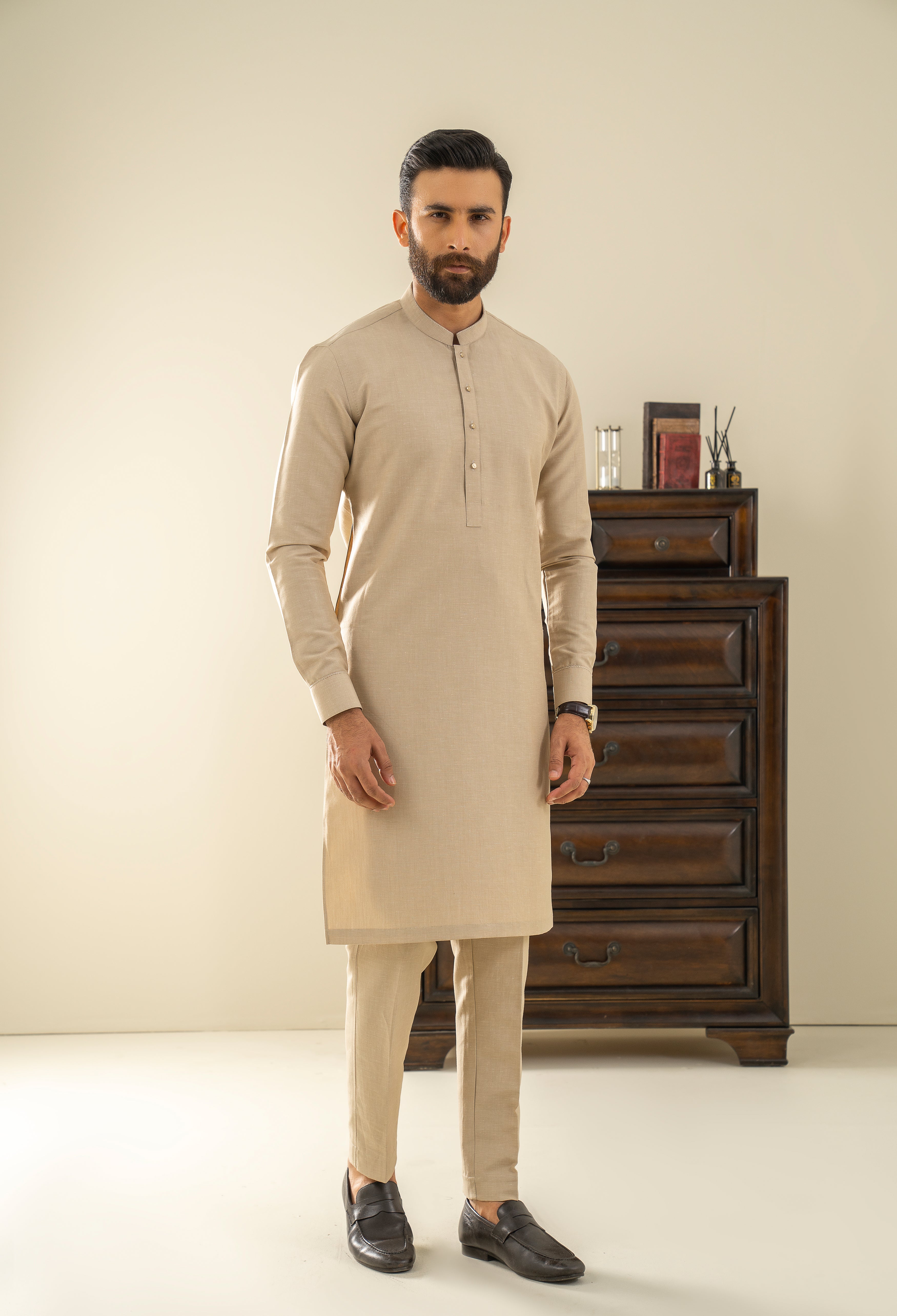 Beige Brown Embroidered Kurta Pajama