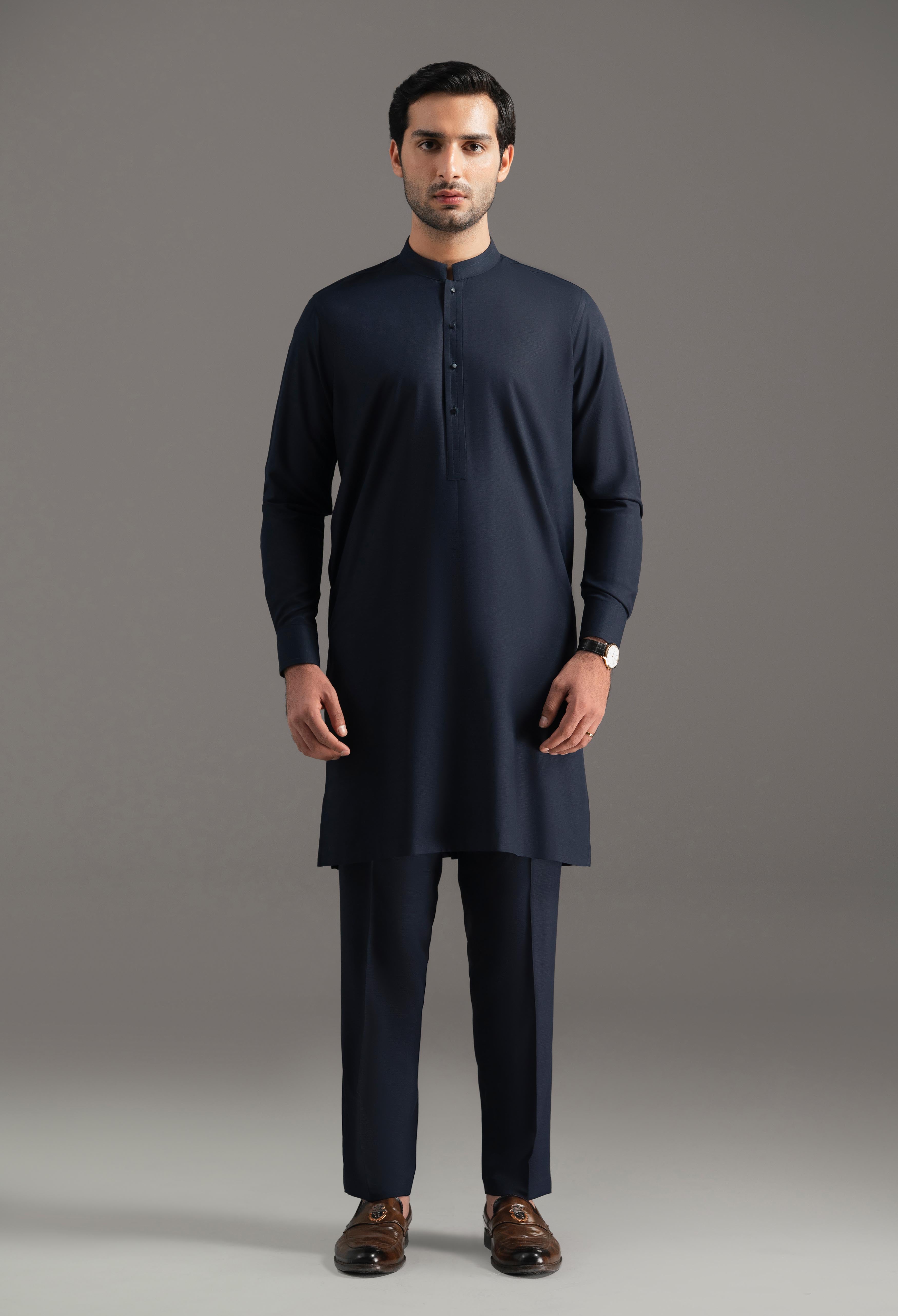 Navy Blue Blended Kurta Pajama