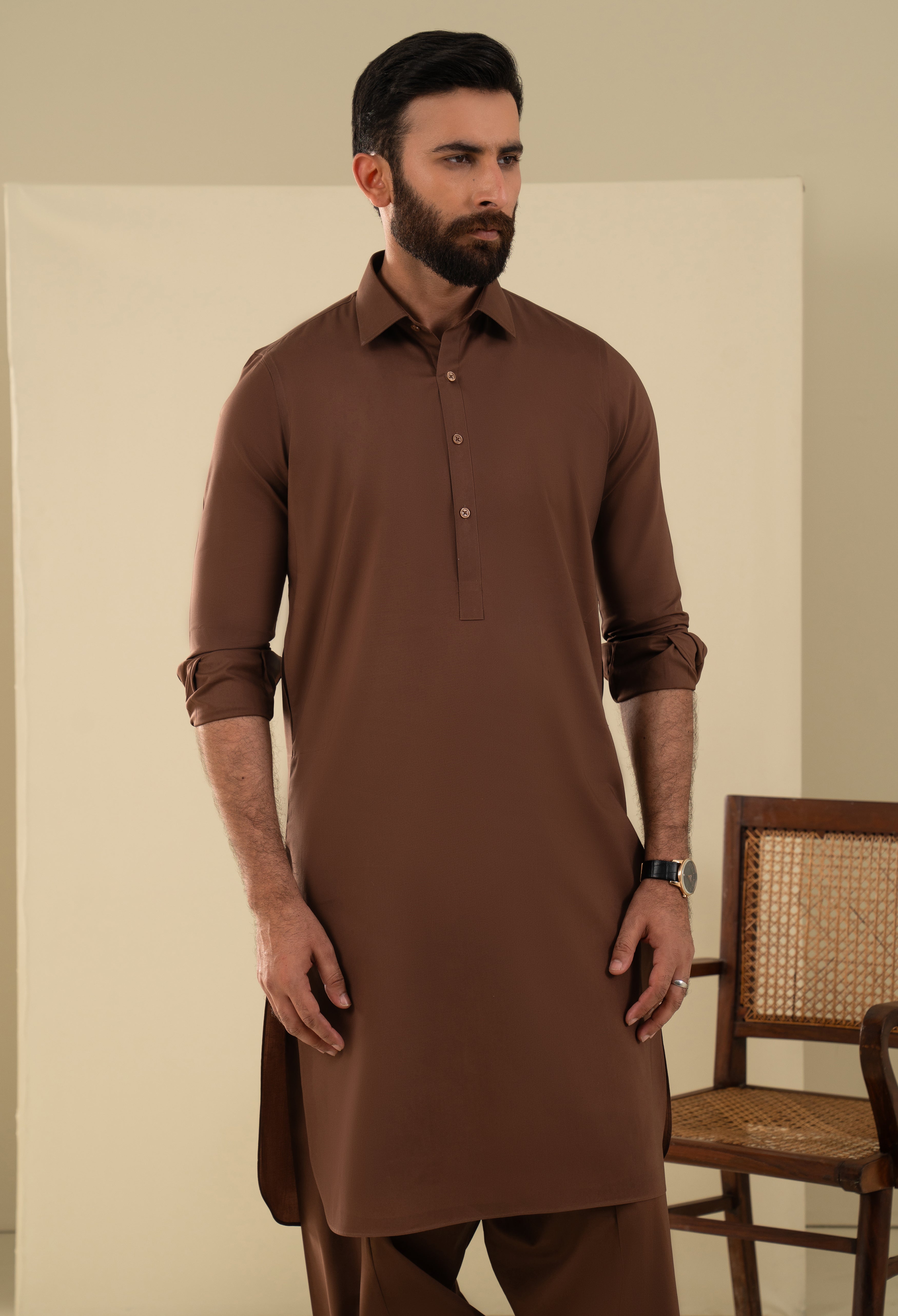 Almond Brown Plain Kameez Shalwar