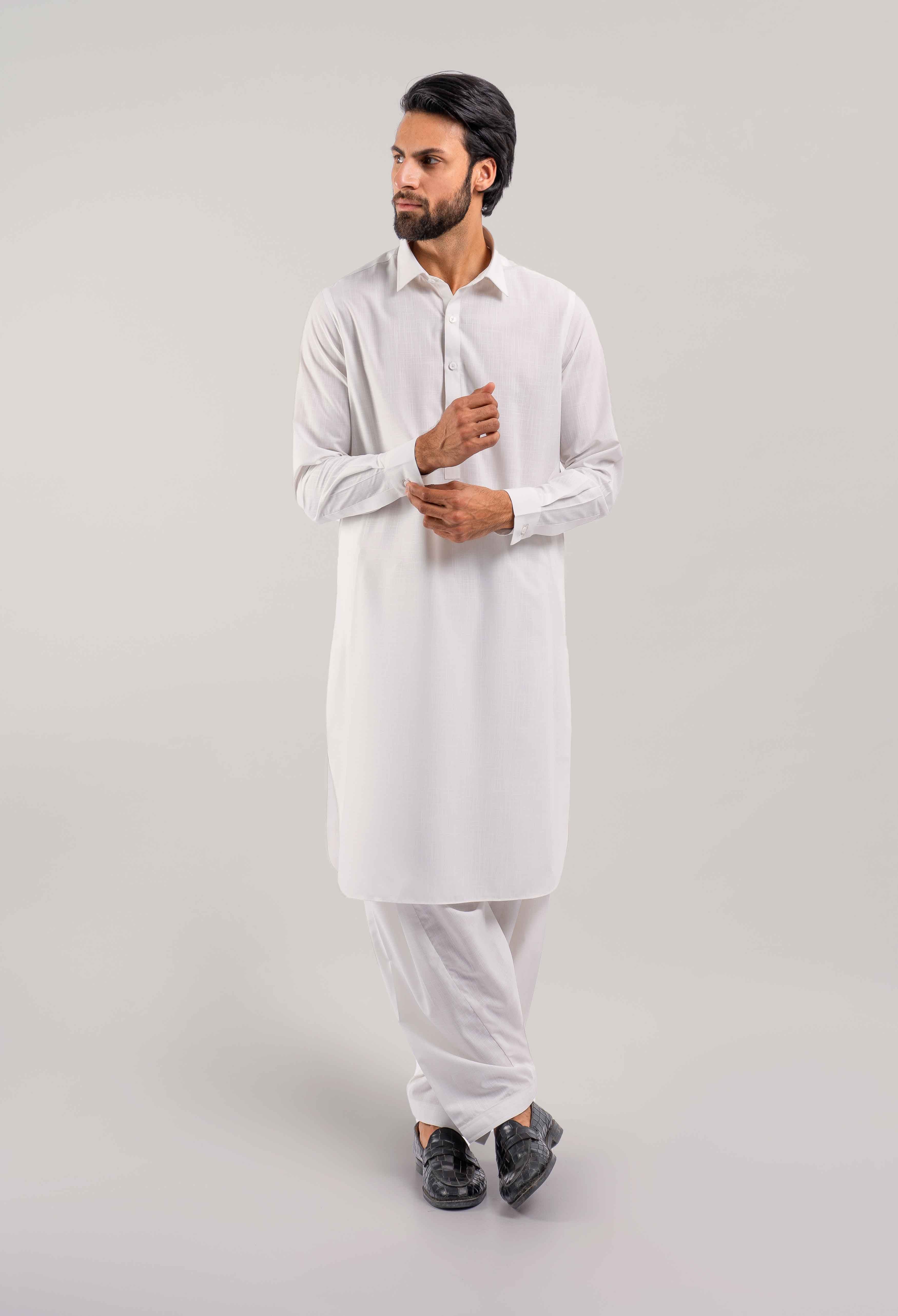 Chiffon White Self Slub Blended Kameez Shalwar (GSS-000435)