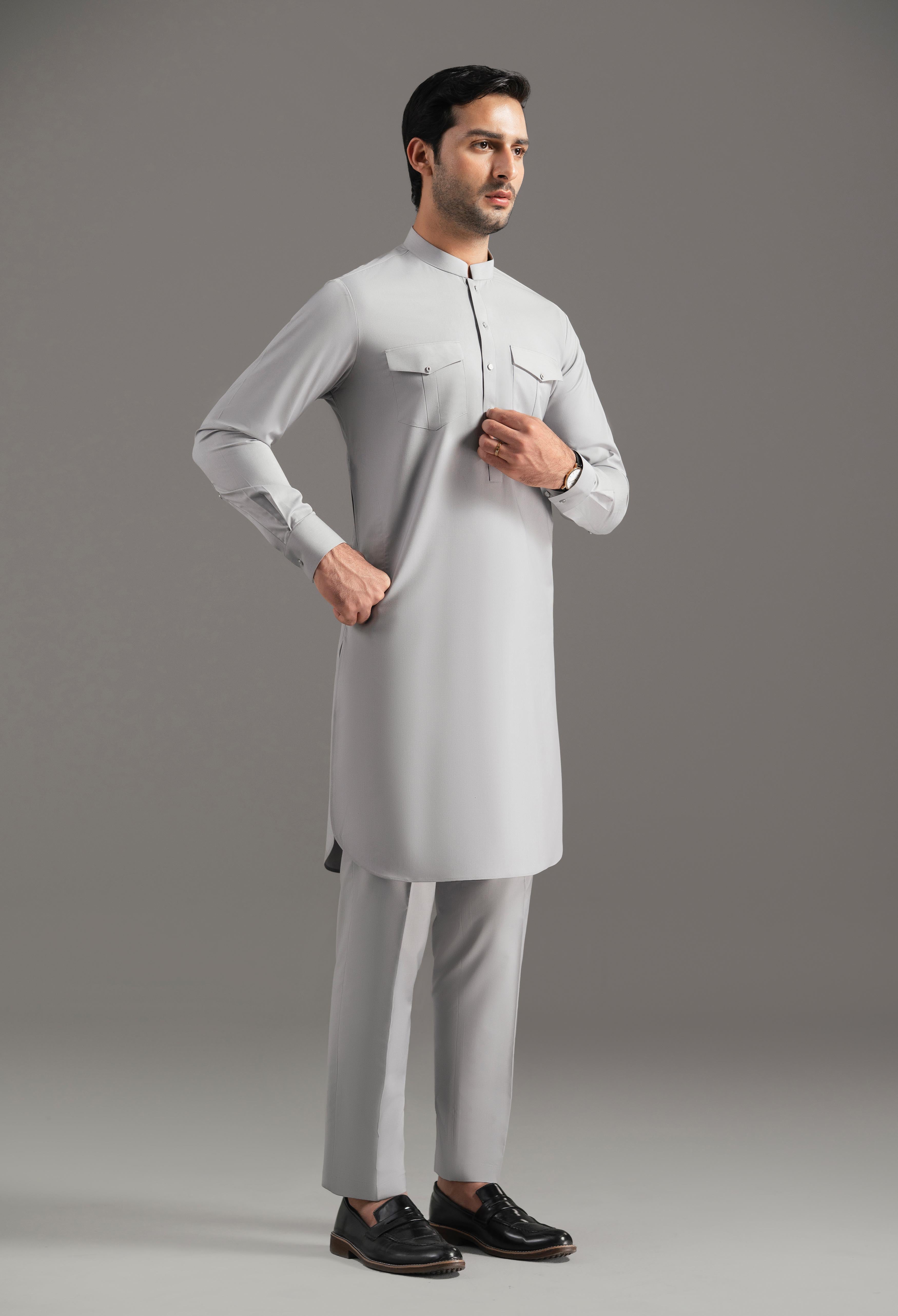 Fossil Grey Blended Kurta Pajama