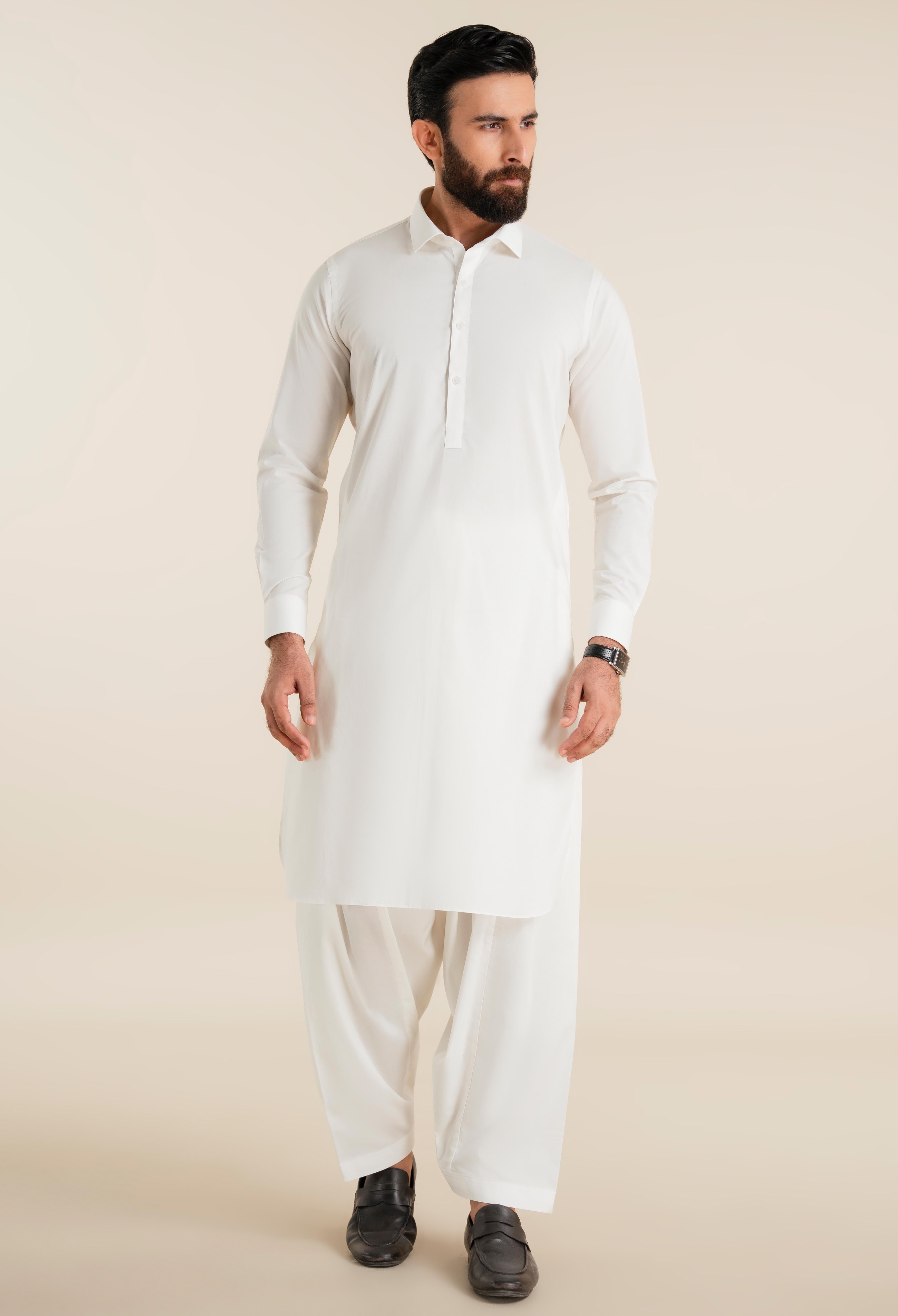 Butter White Cotton Kameez Shalwar