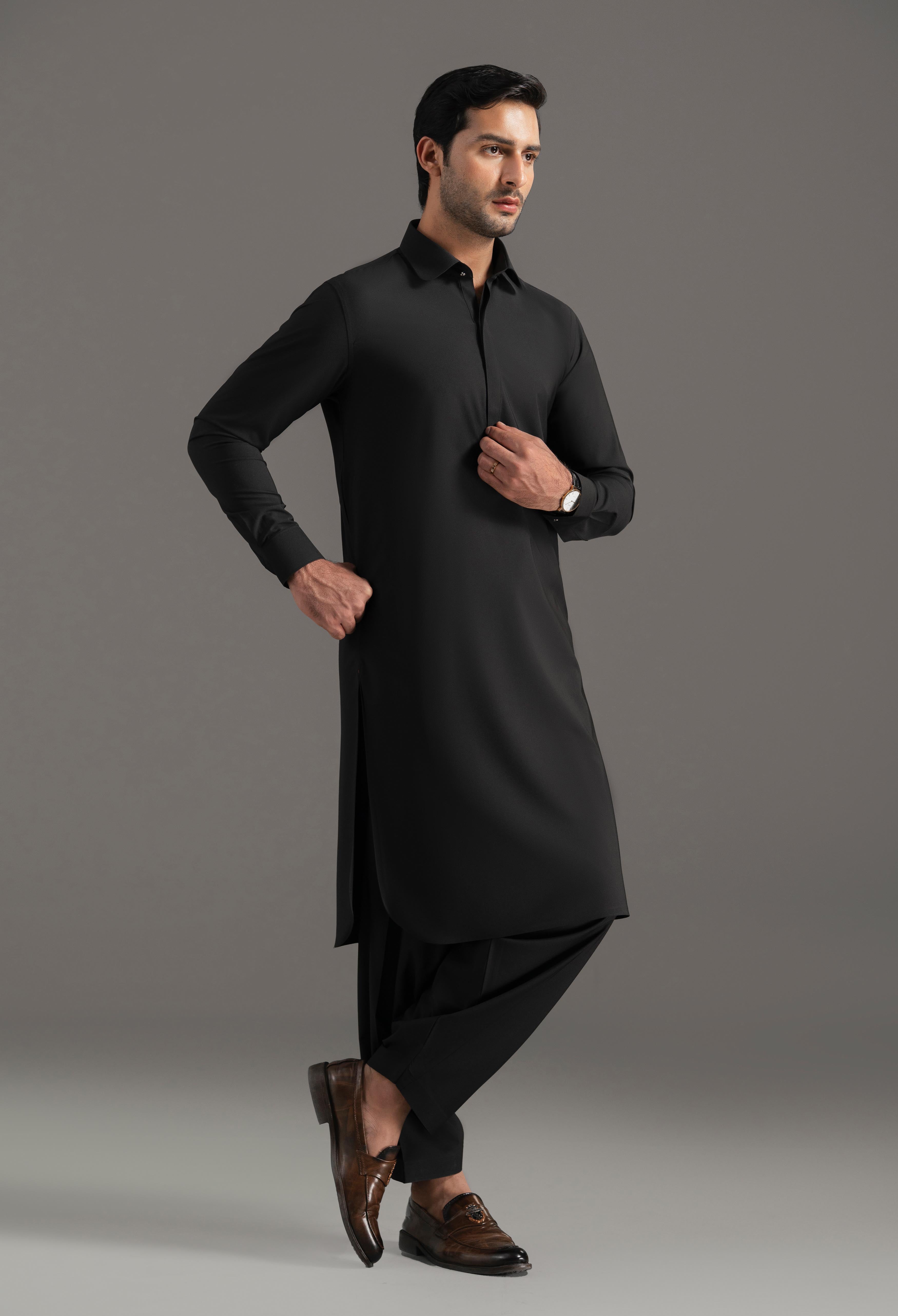 Jet Black Blended Kameez Shalwar