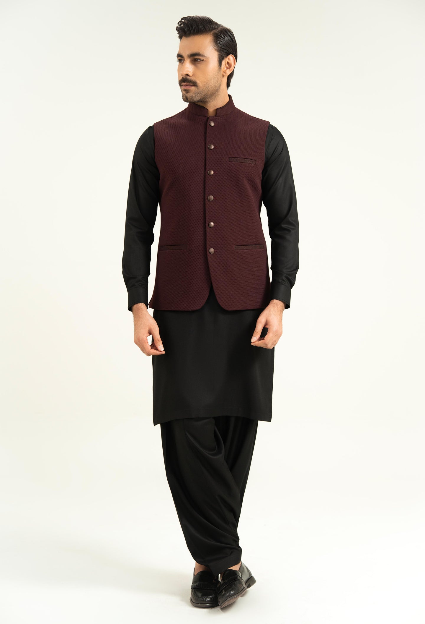 Dark Burgundy Textured Waistcoat