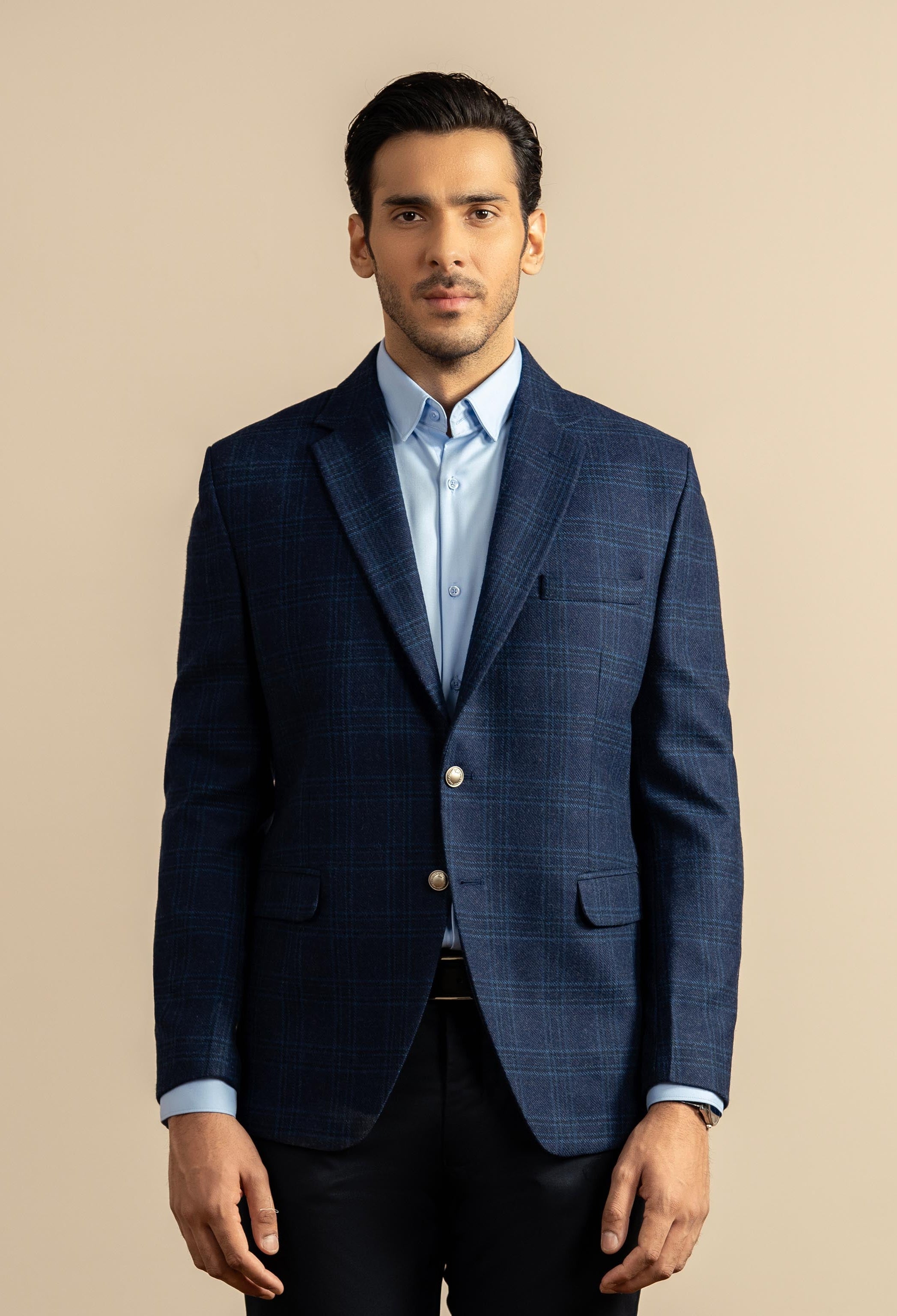 Dark Blue Self Check Tweed Blazer