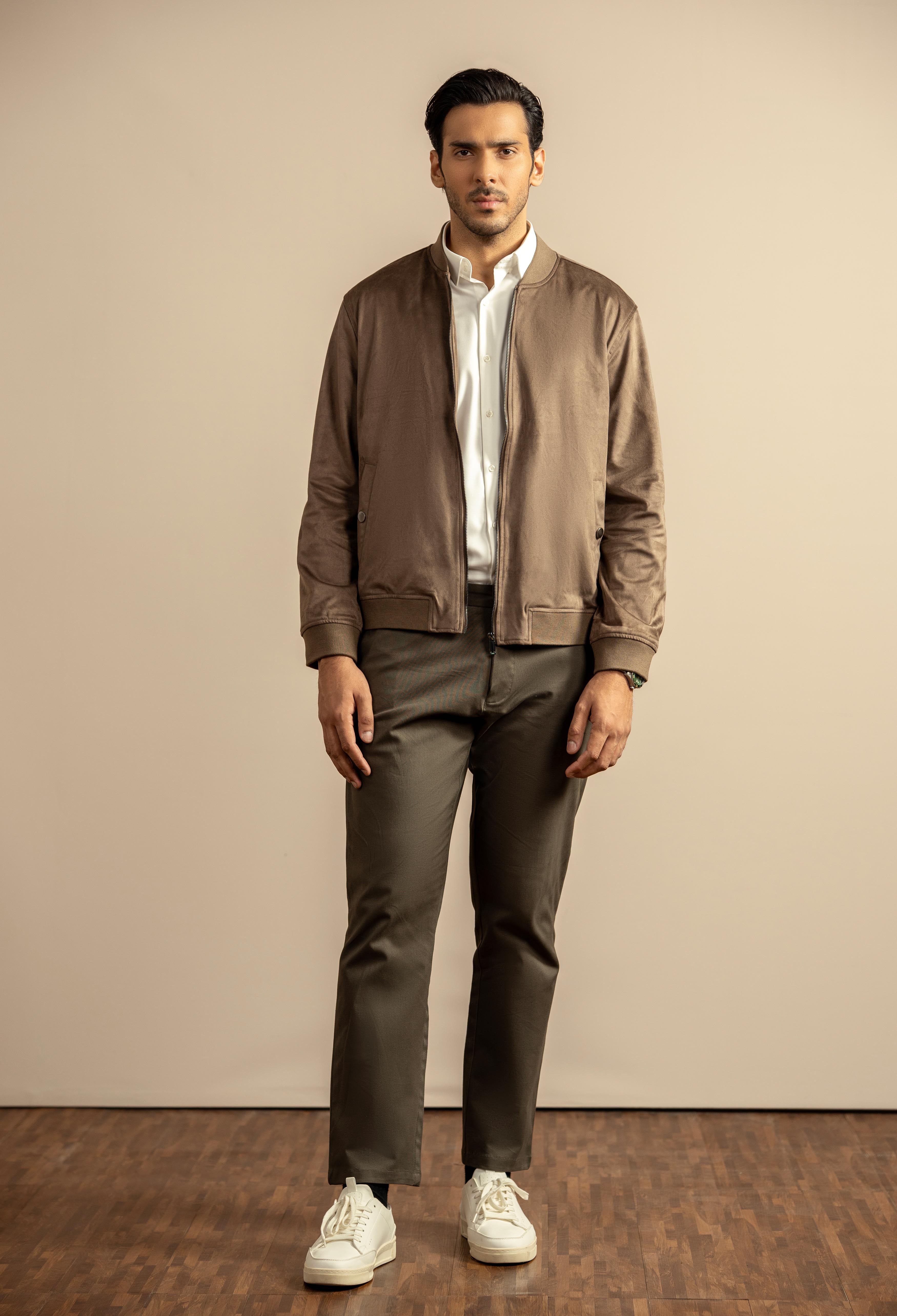 Dark Chocolate Brown Suede Bomber Jacket