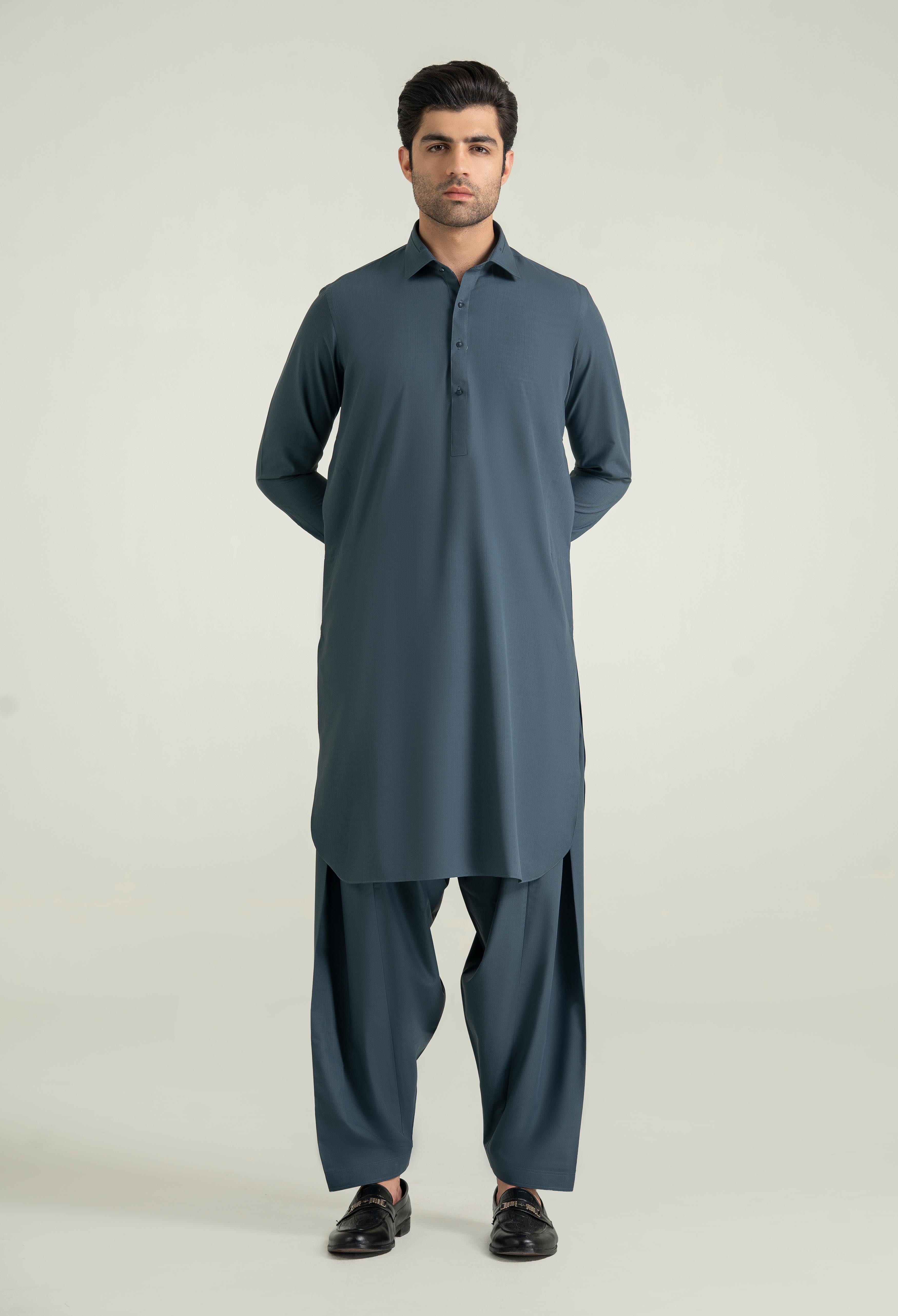 Dark Teal Blue Blended Kameez Shalwar