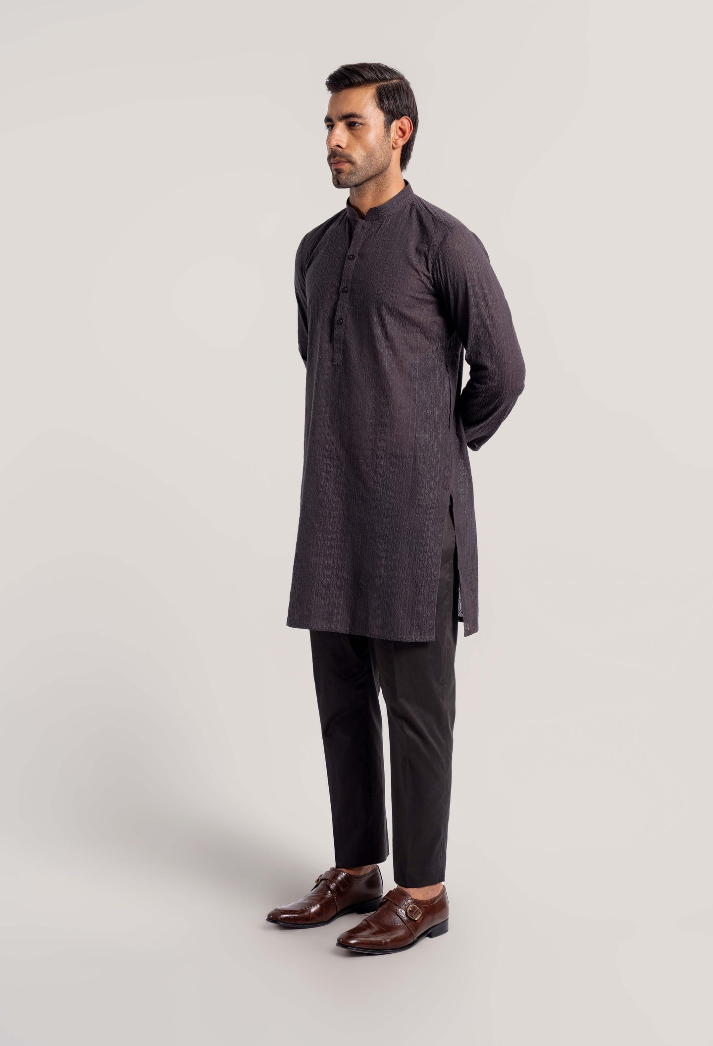 Wood Brown Pearl - Wavy Line Schiffli Kurta Pajama