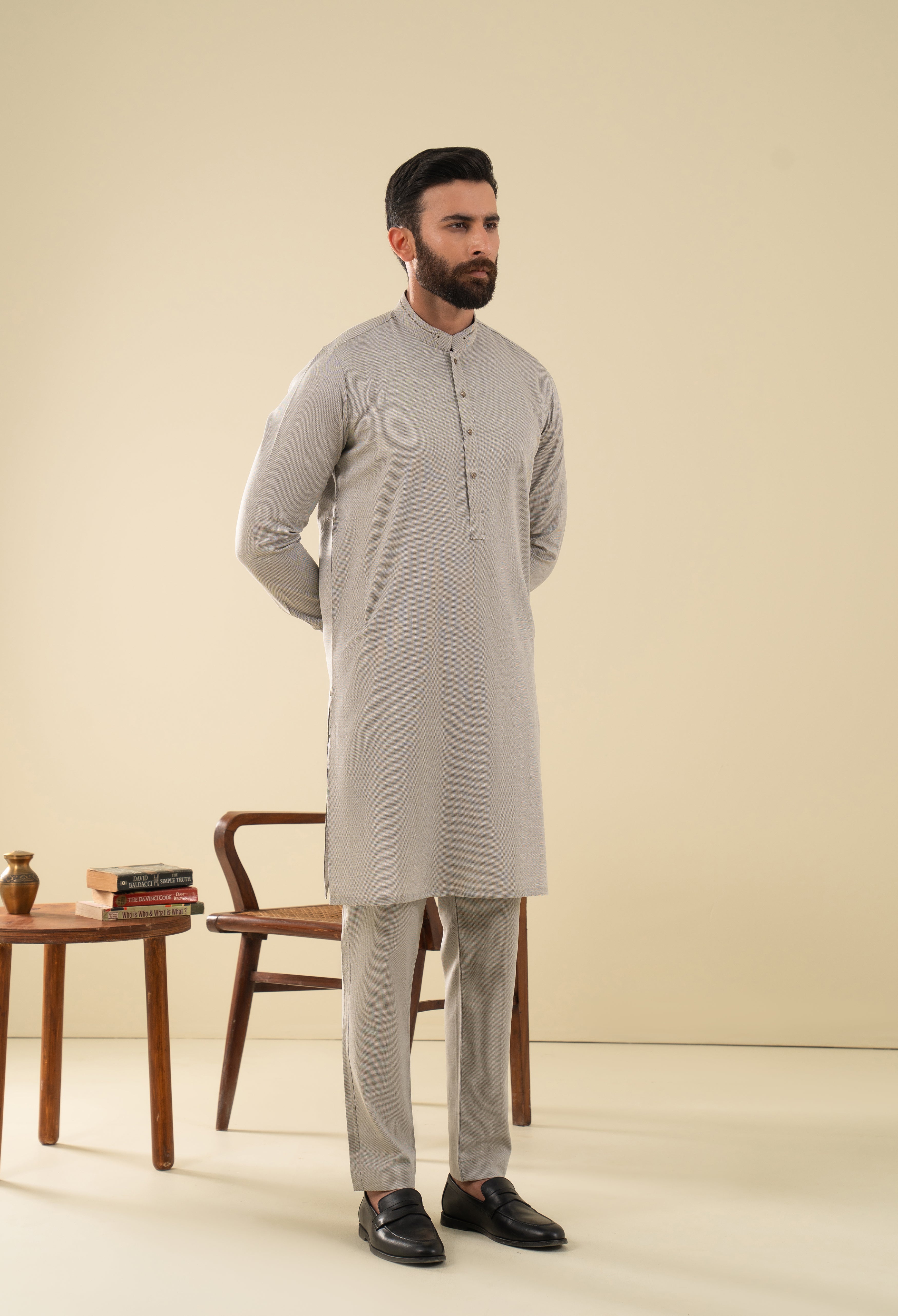 Ash Brown Detailing Kurta Pajama