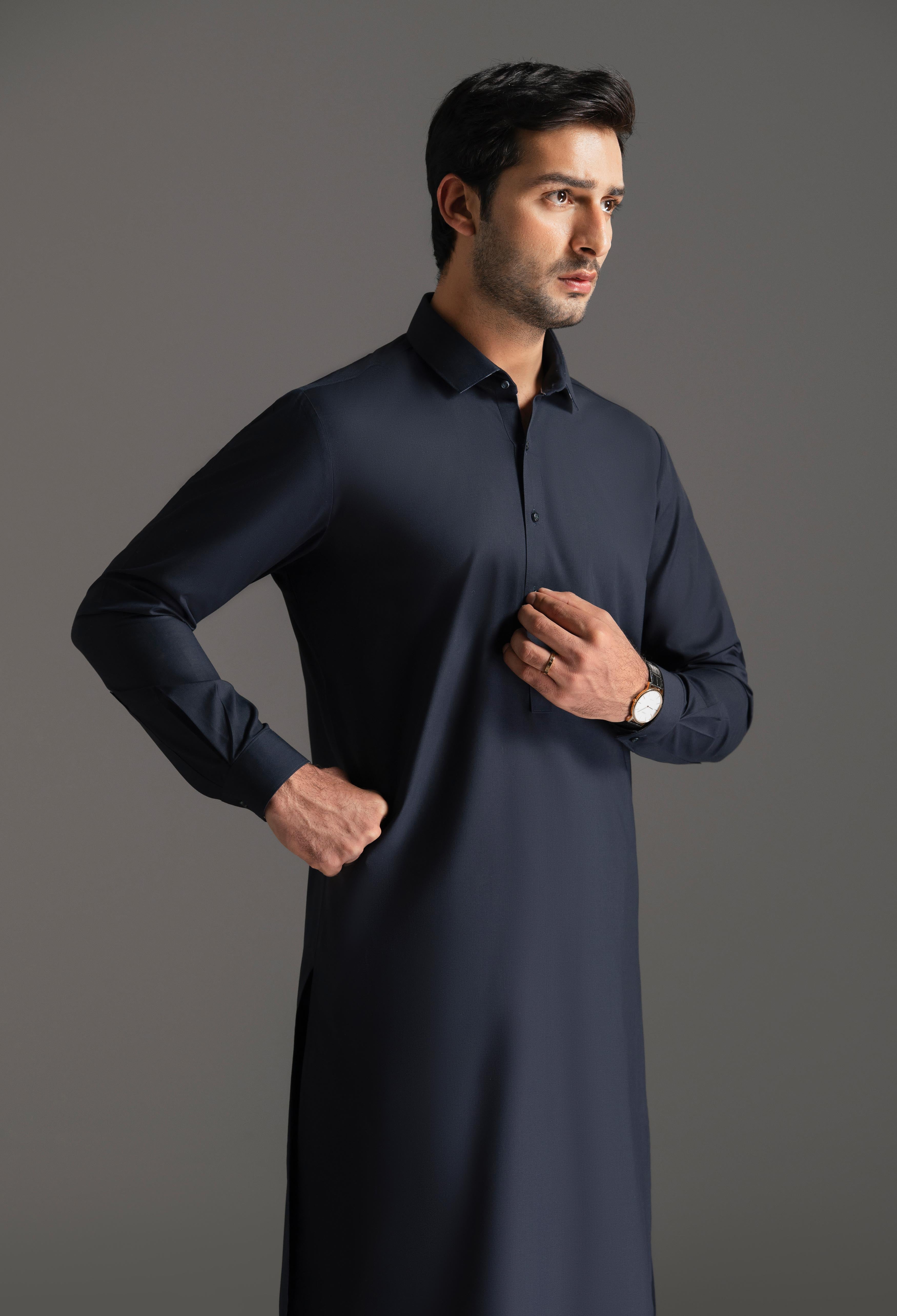 Navy Blue Blended Kameez Shalwar