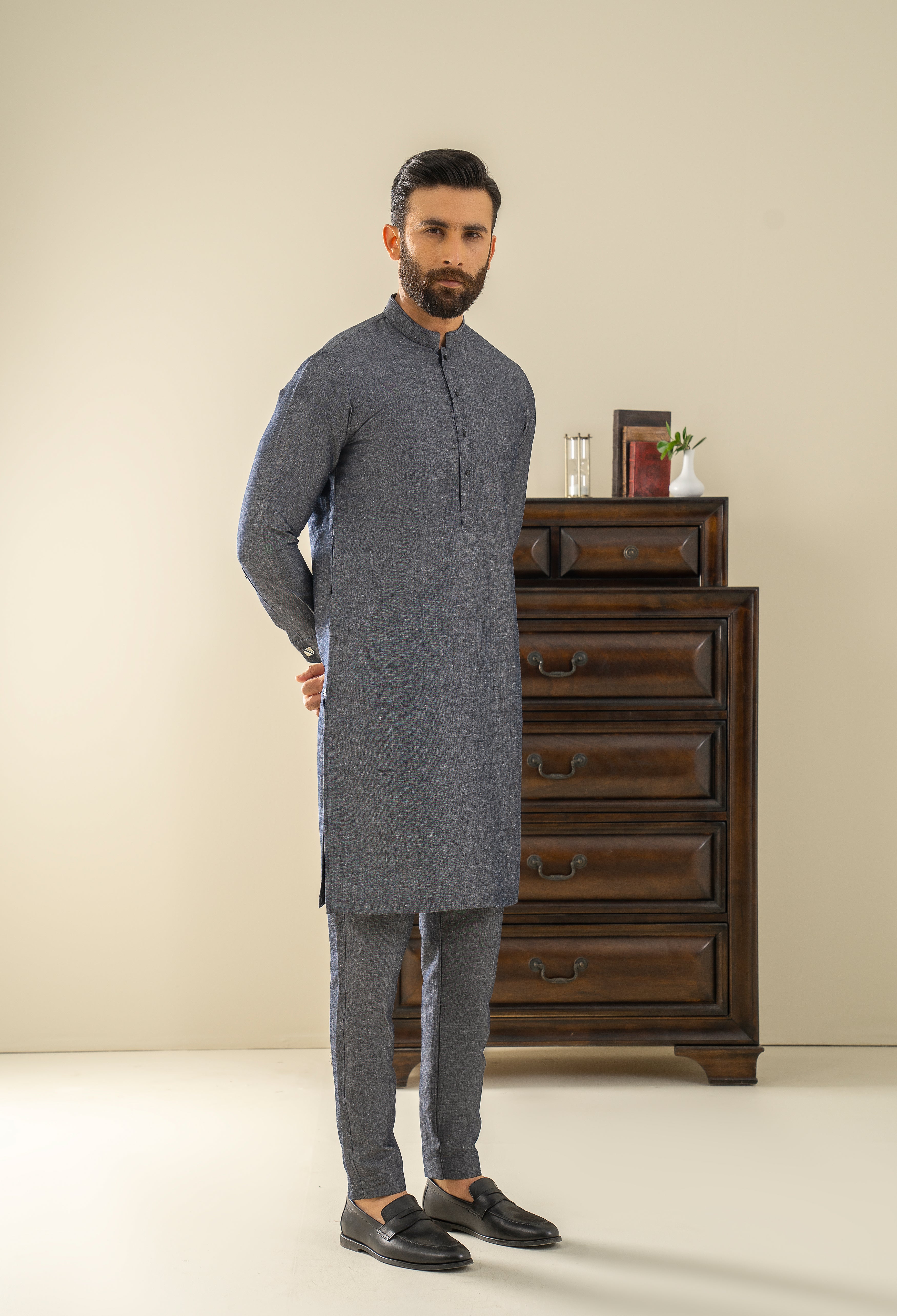 Charcoal Black Embroidered Kurta Pajama