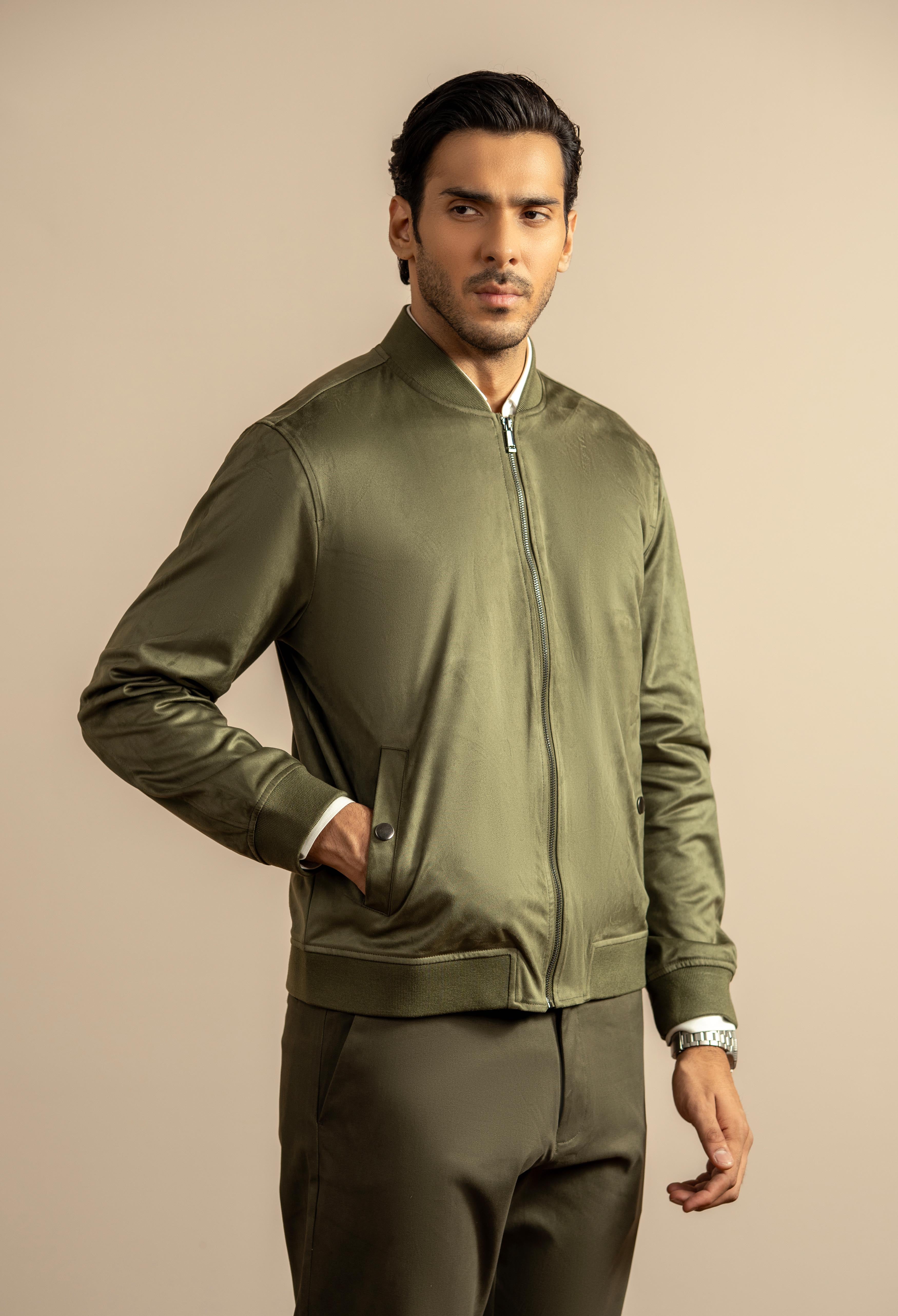 Olive Green Suede Bomber Jacket