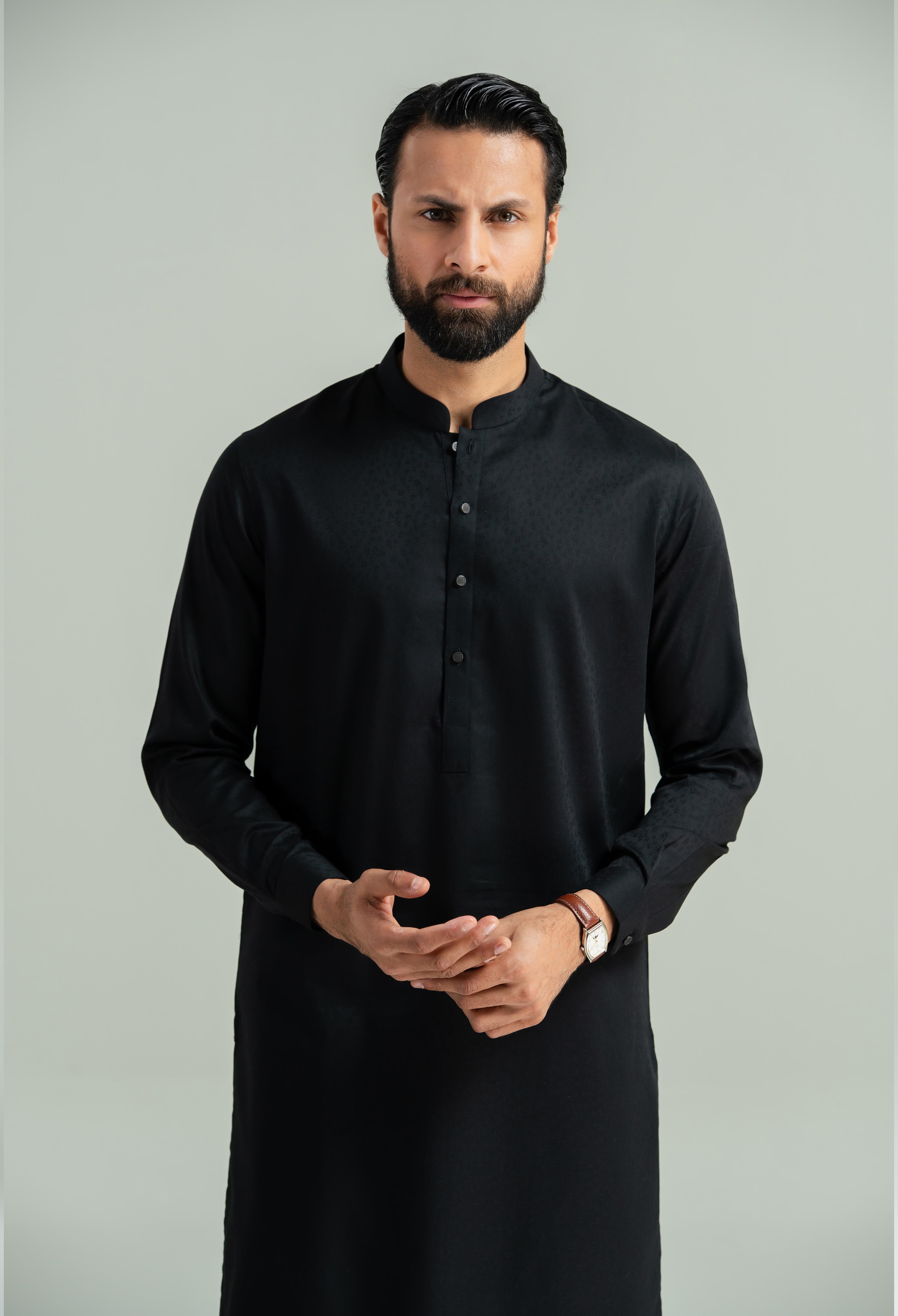 Jet Black Cotton Kameez Shalwar