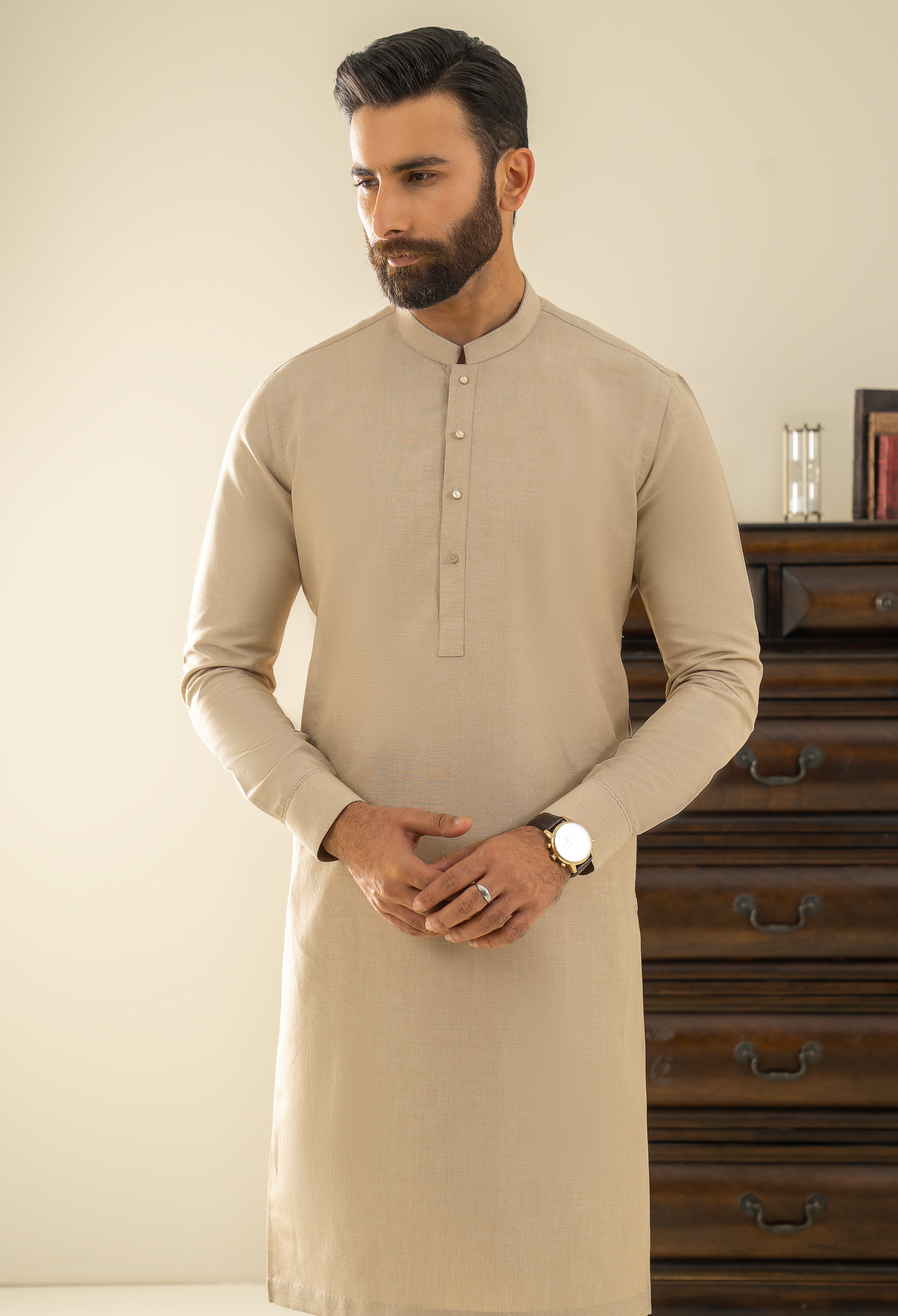 Beige Brown Embroidered Kurta Pajama