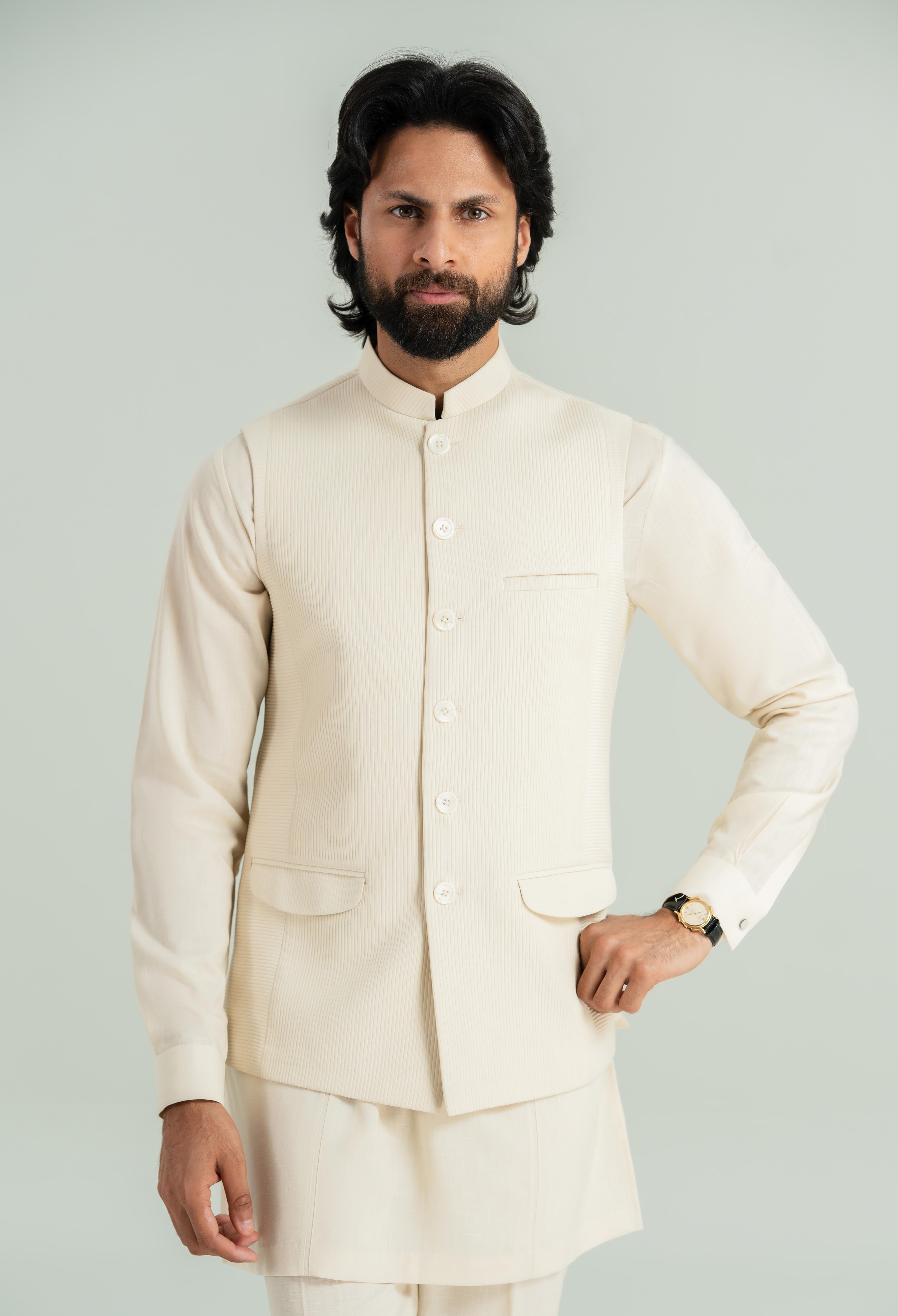 Creamy Beige Textured Waistcoat