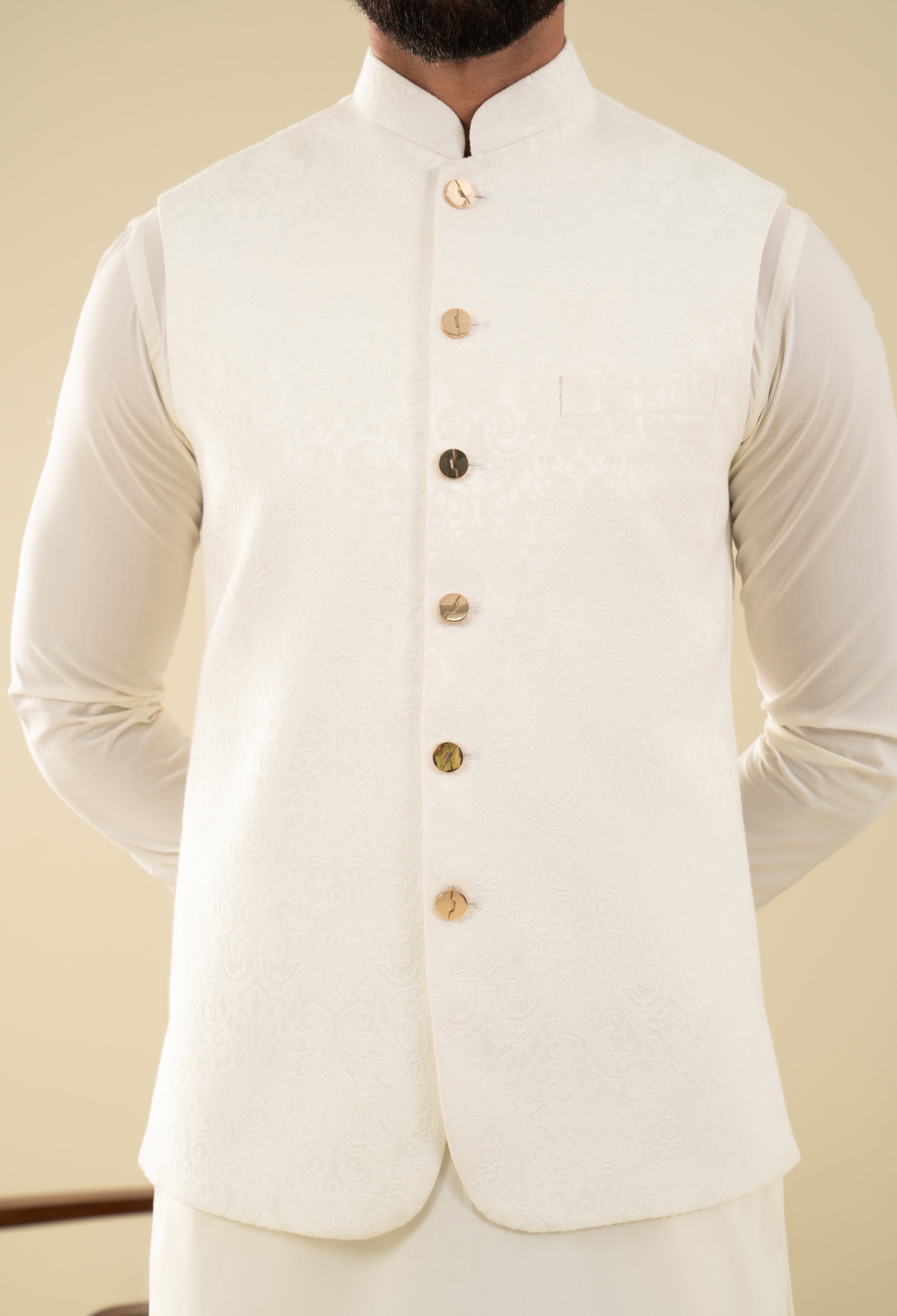 Butter Cream Jacquard Self-Design Waistcoat