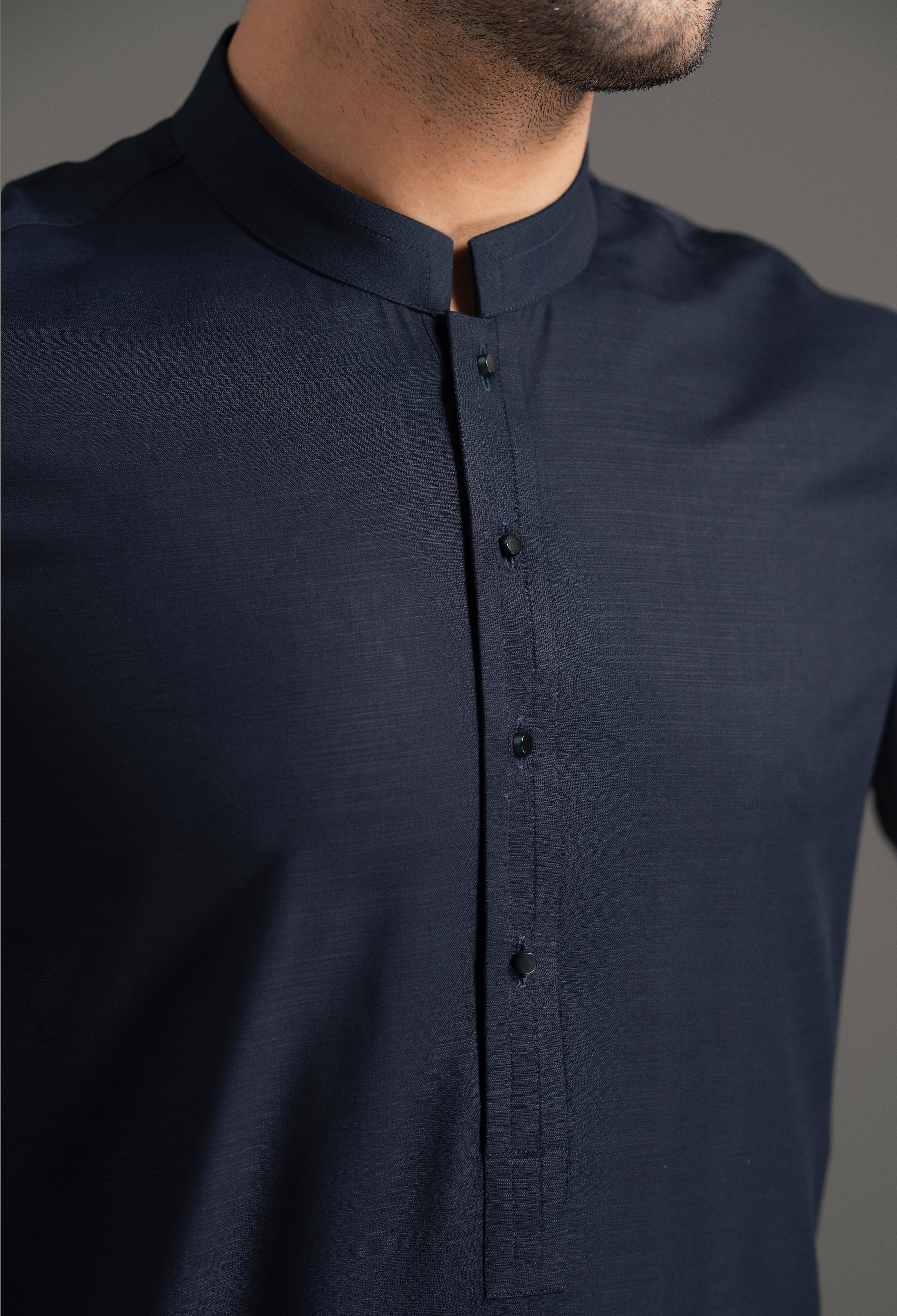 Navy Blue Blended Kurta Pajama