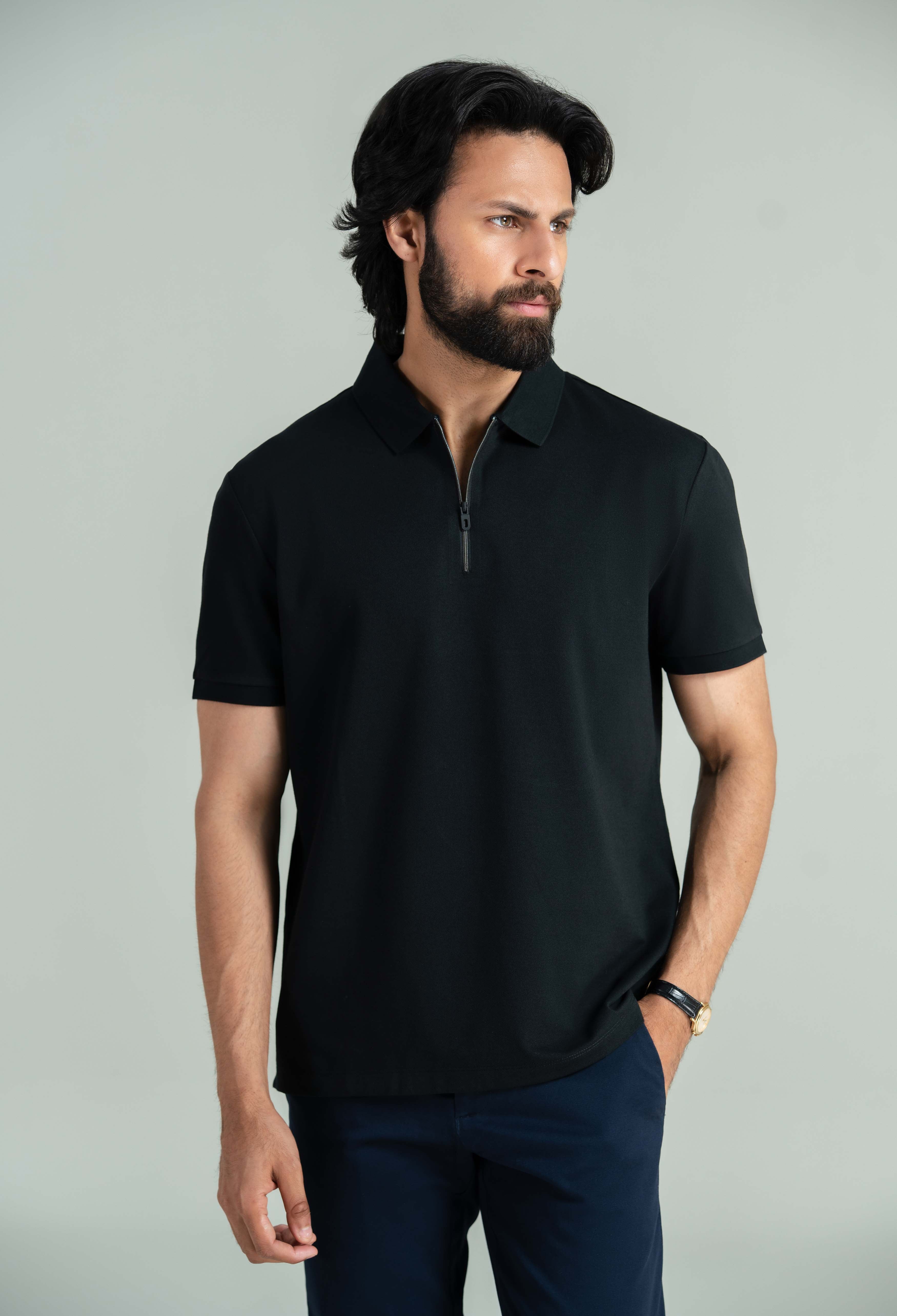 Jet Black Zip Styled Polo