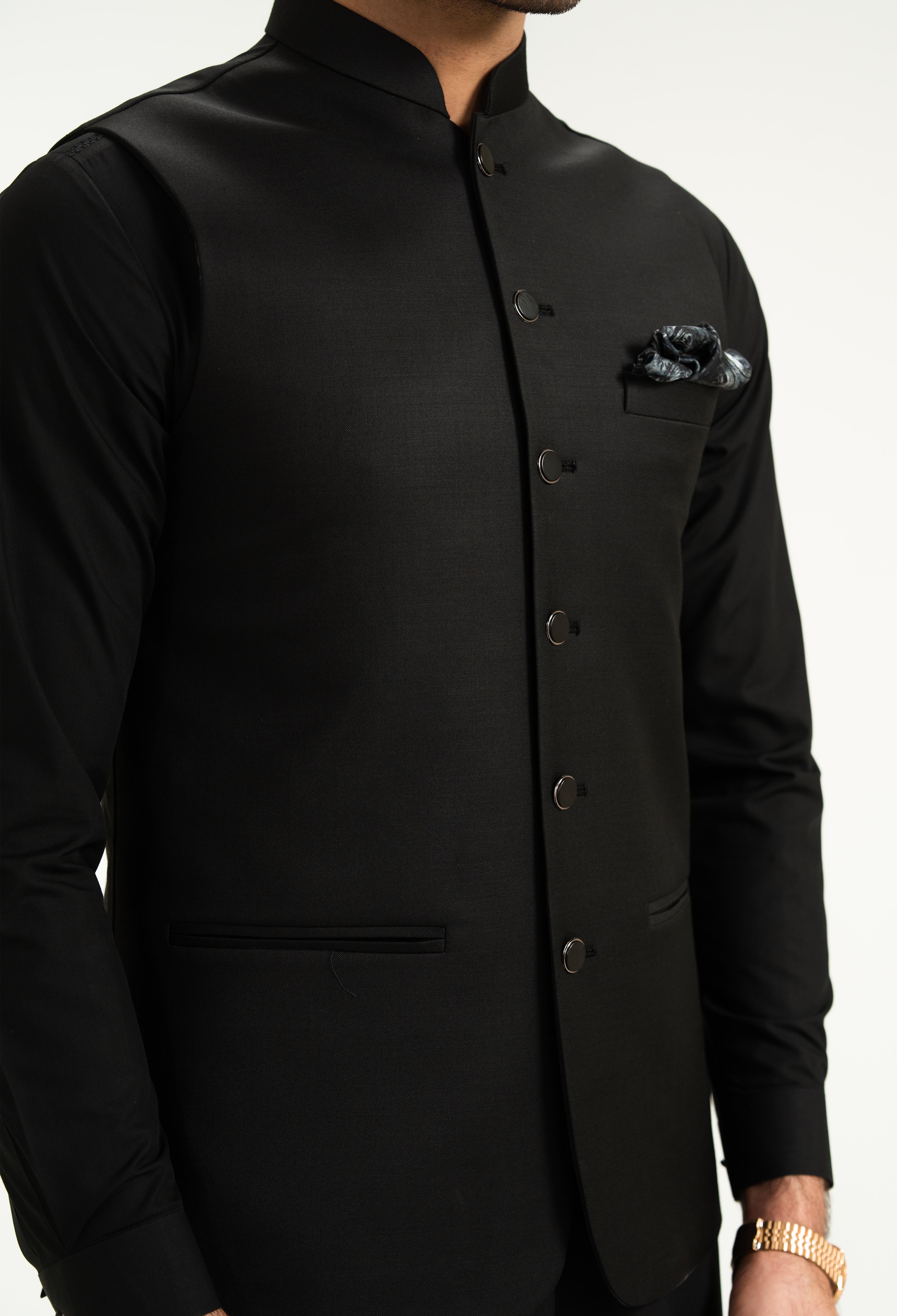 Rich Black Equateor Wool Blend Waistcoat