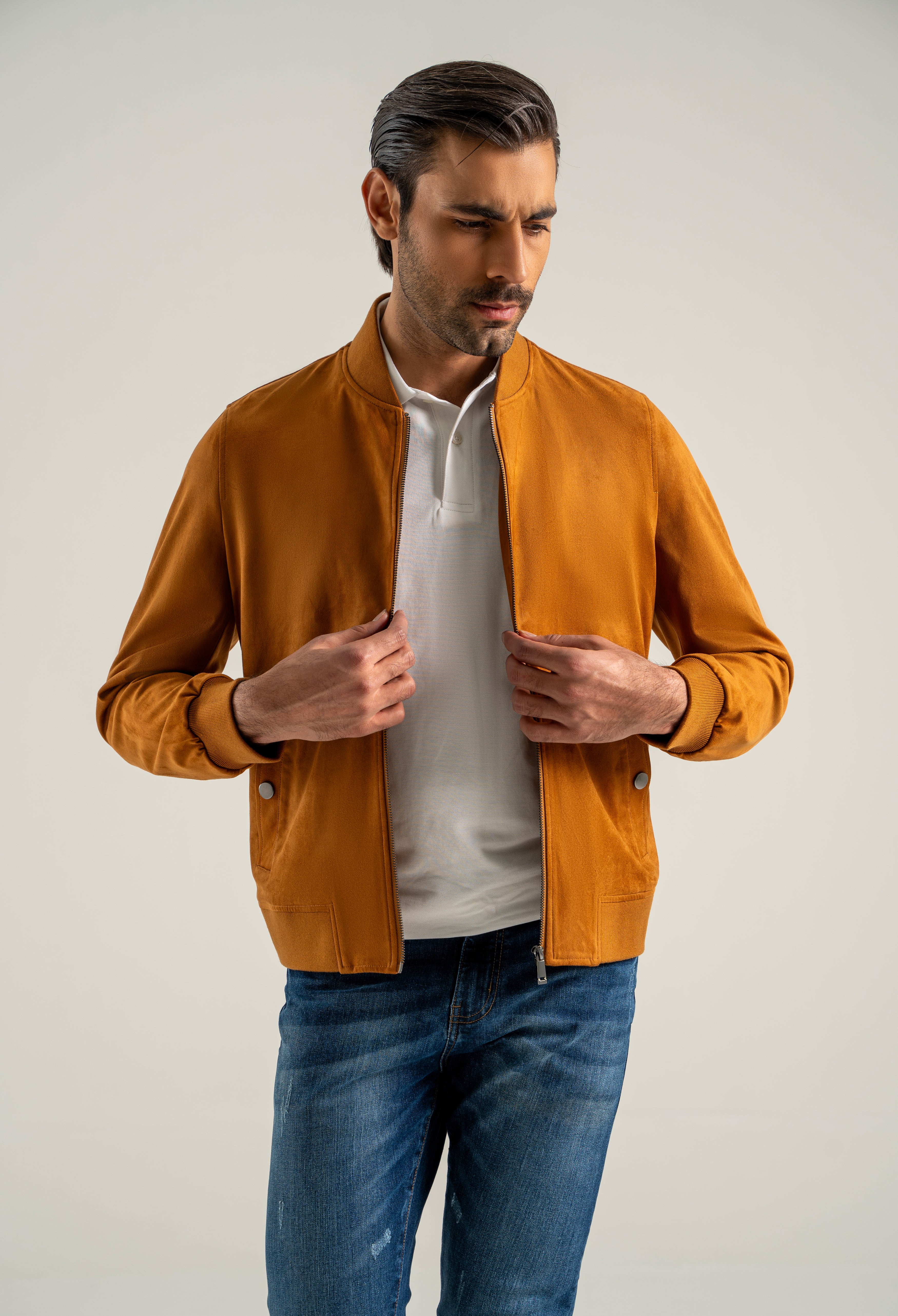 Camel Brown Suede Bomber Jacket