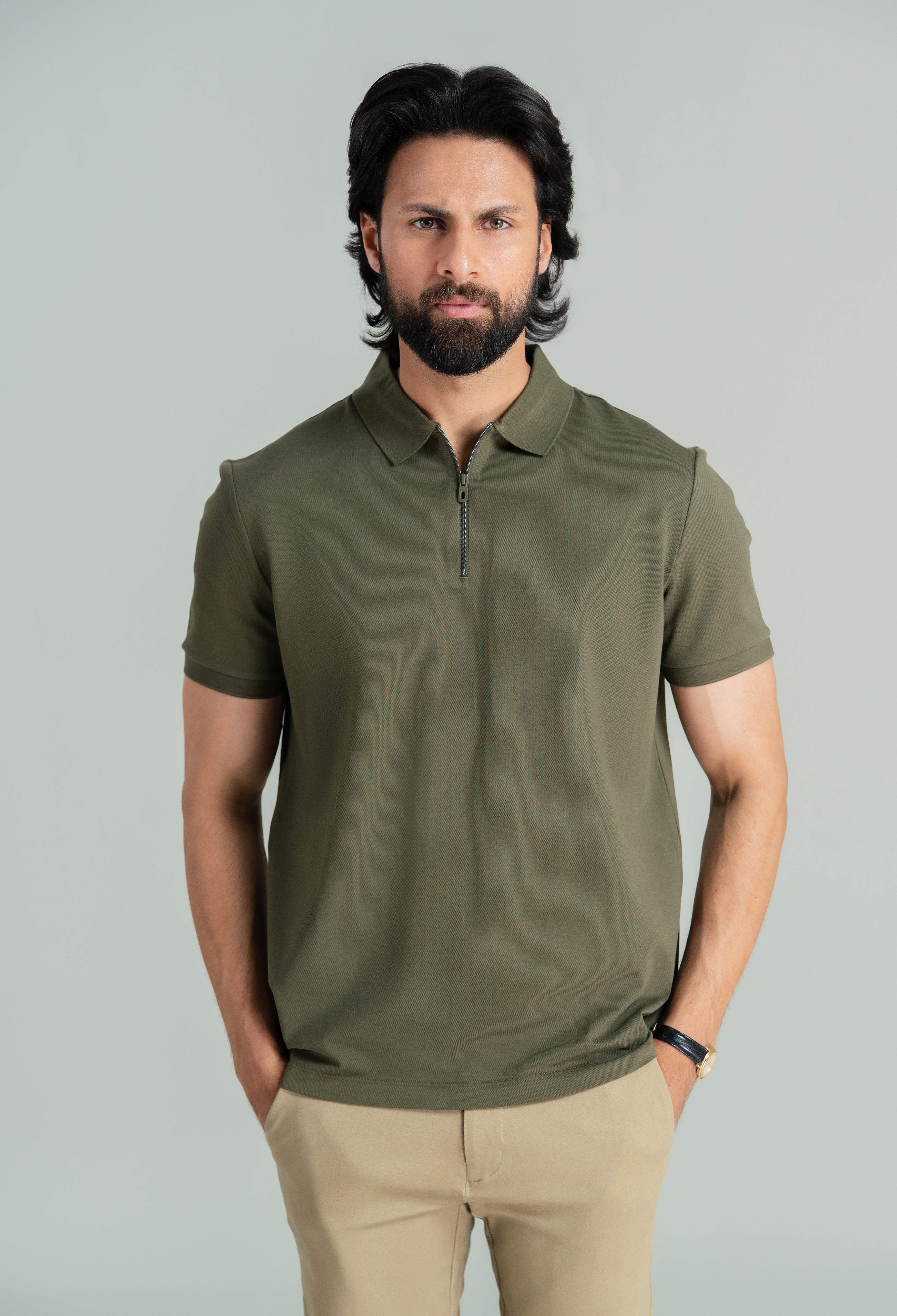 Olive Green Zip Styled Polo