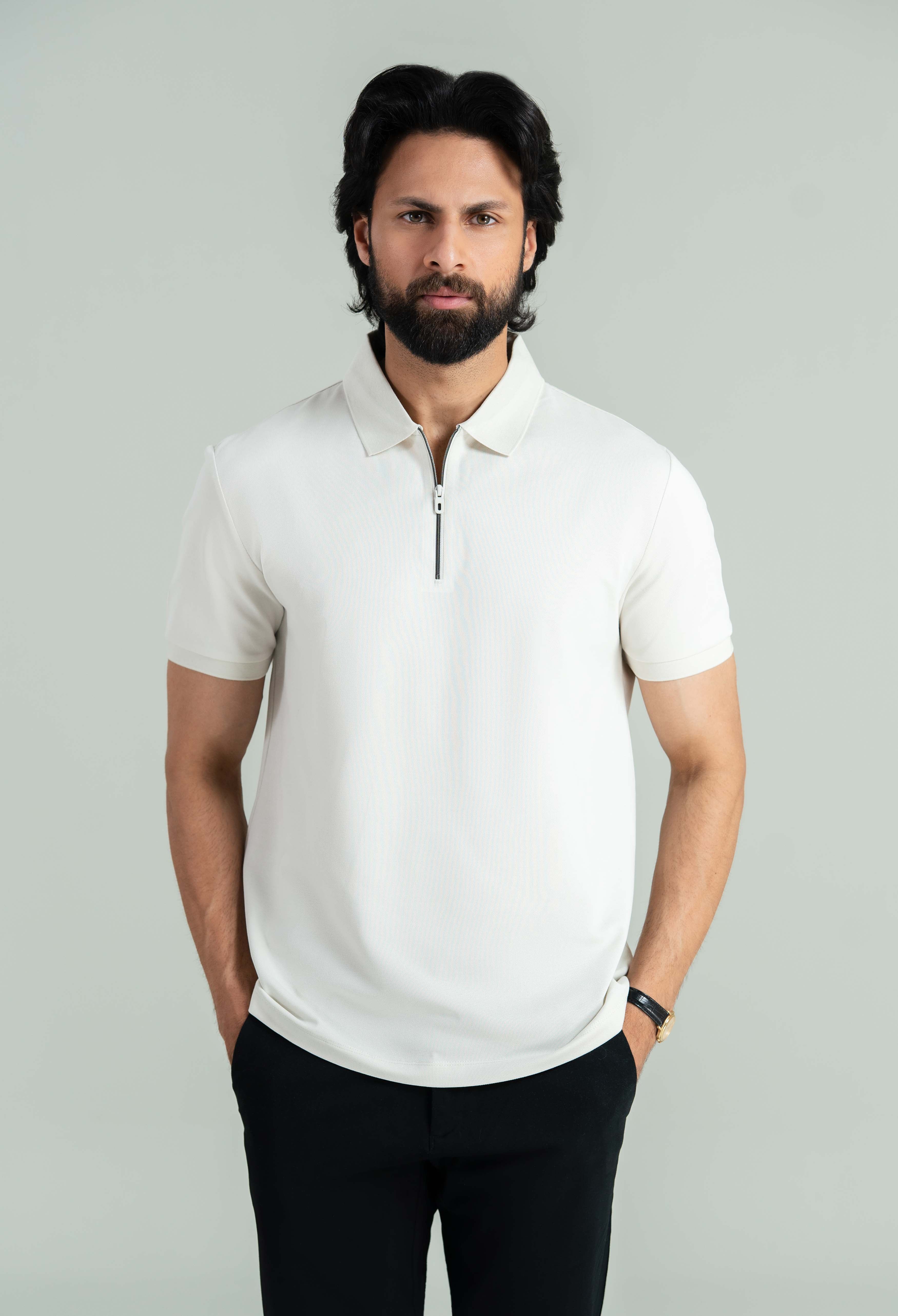 Bone White Zip Styled Polo