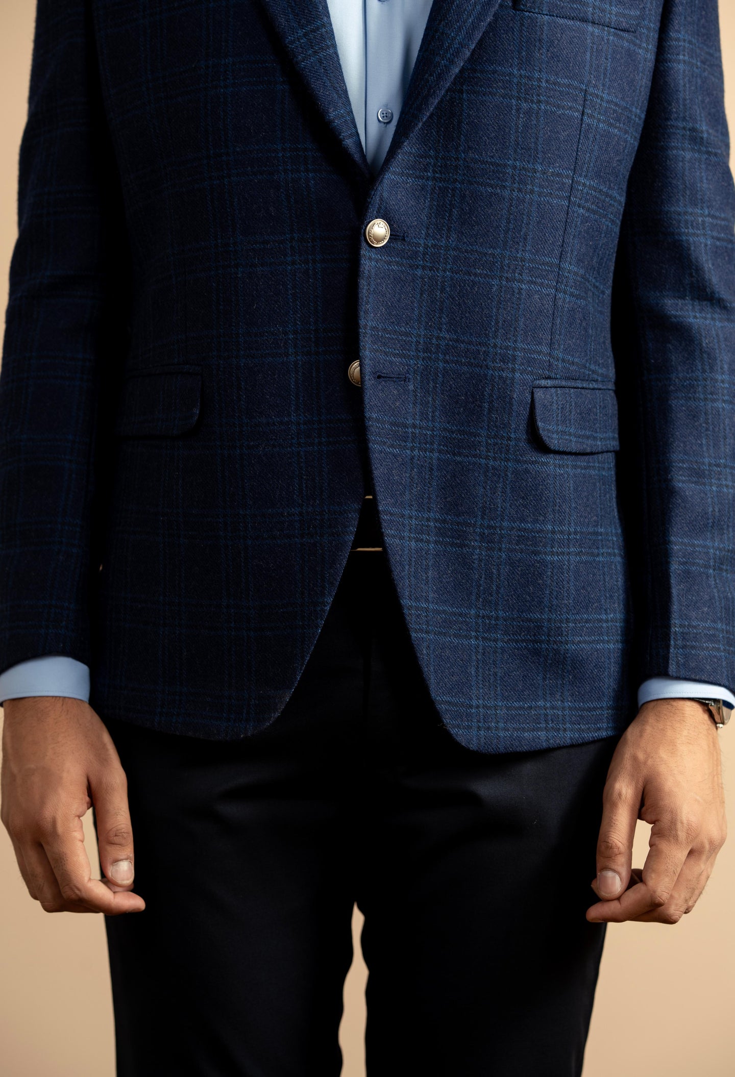 Dark Blue Self Check Tweed Blazer