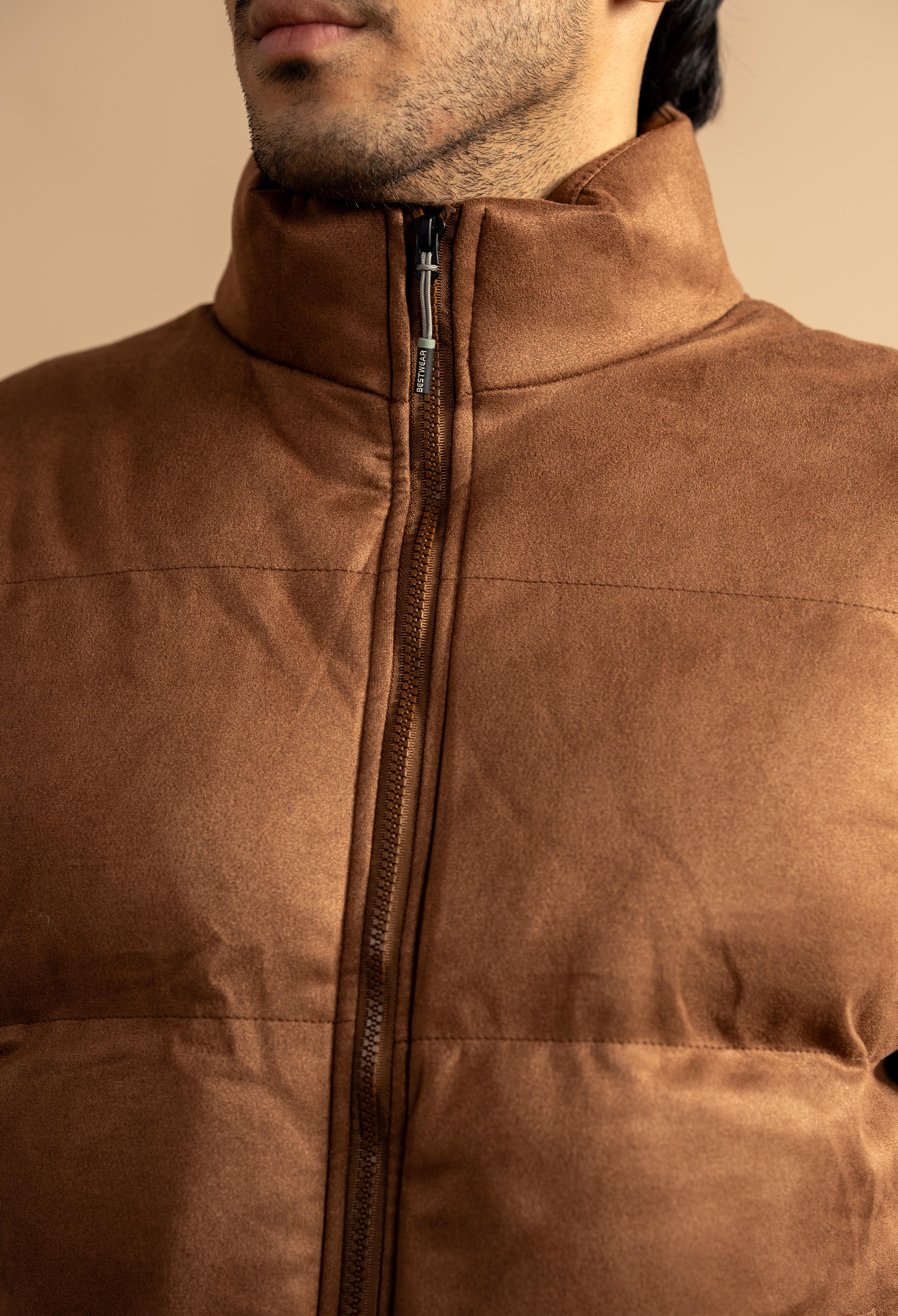 Dark Brown Suede Puffer Jacket