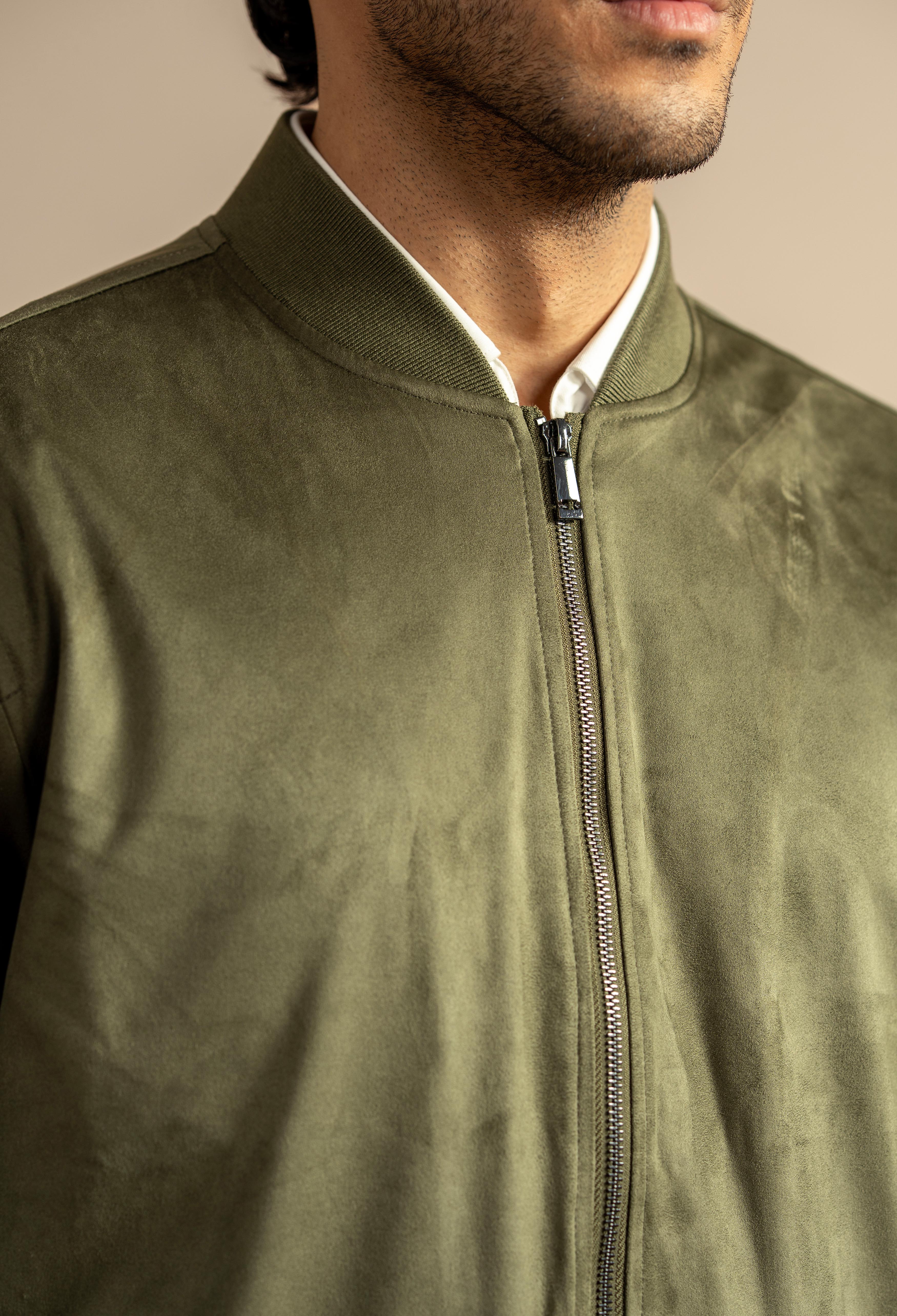 Olive Green Suede Bomber Jacket