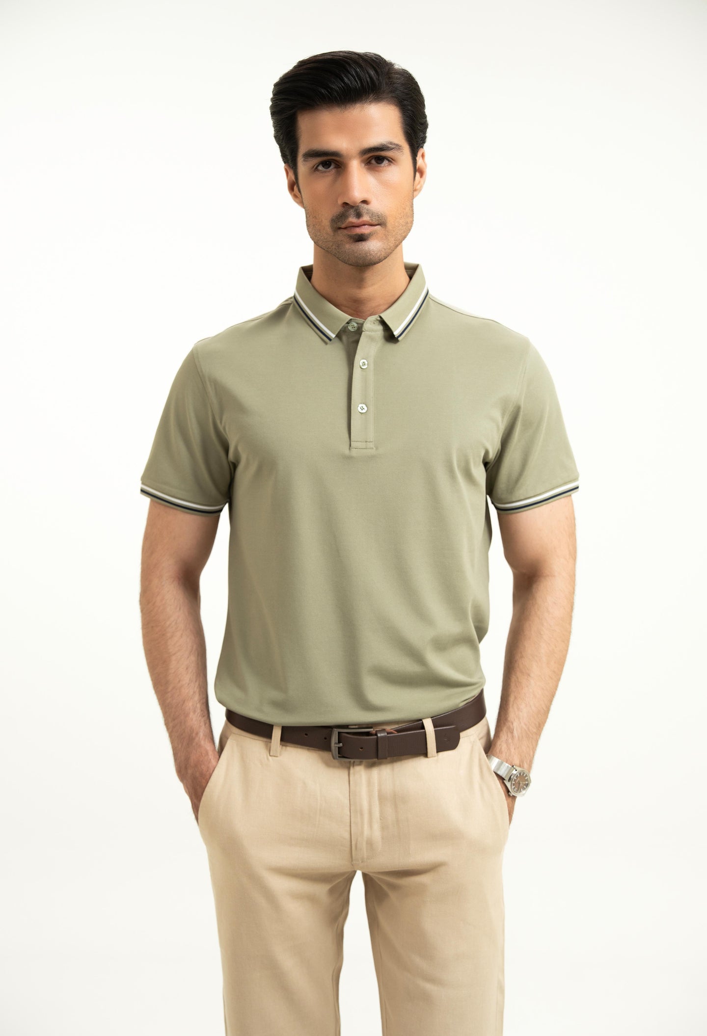 Light Olive Green Tipping Collar Polo