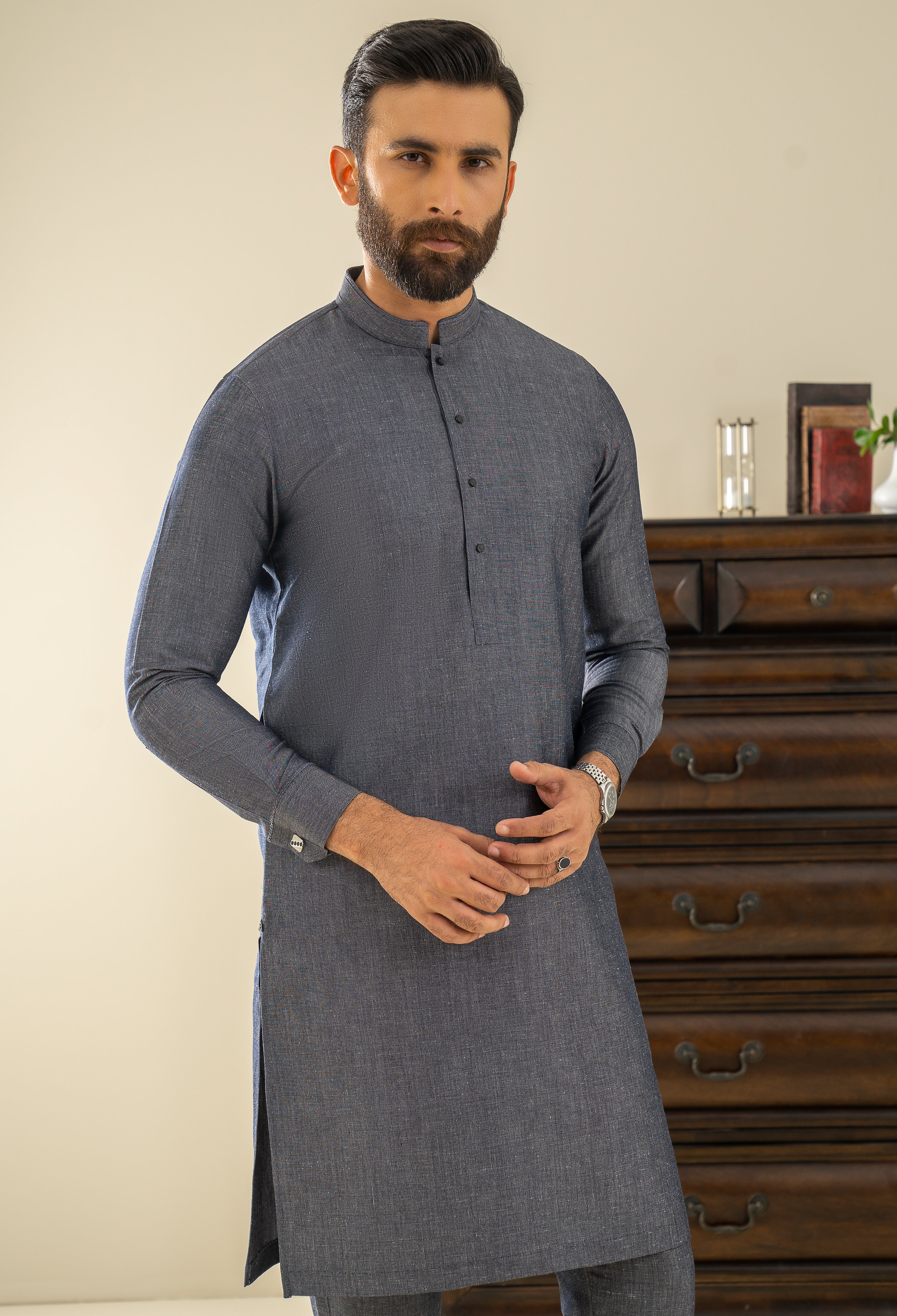 Charcoal Black Embroidered Kurta Pajama