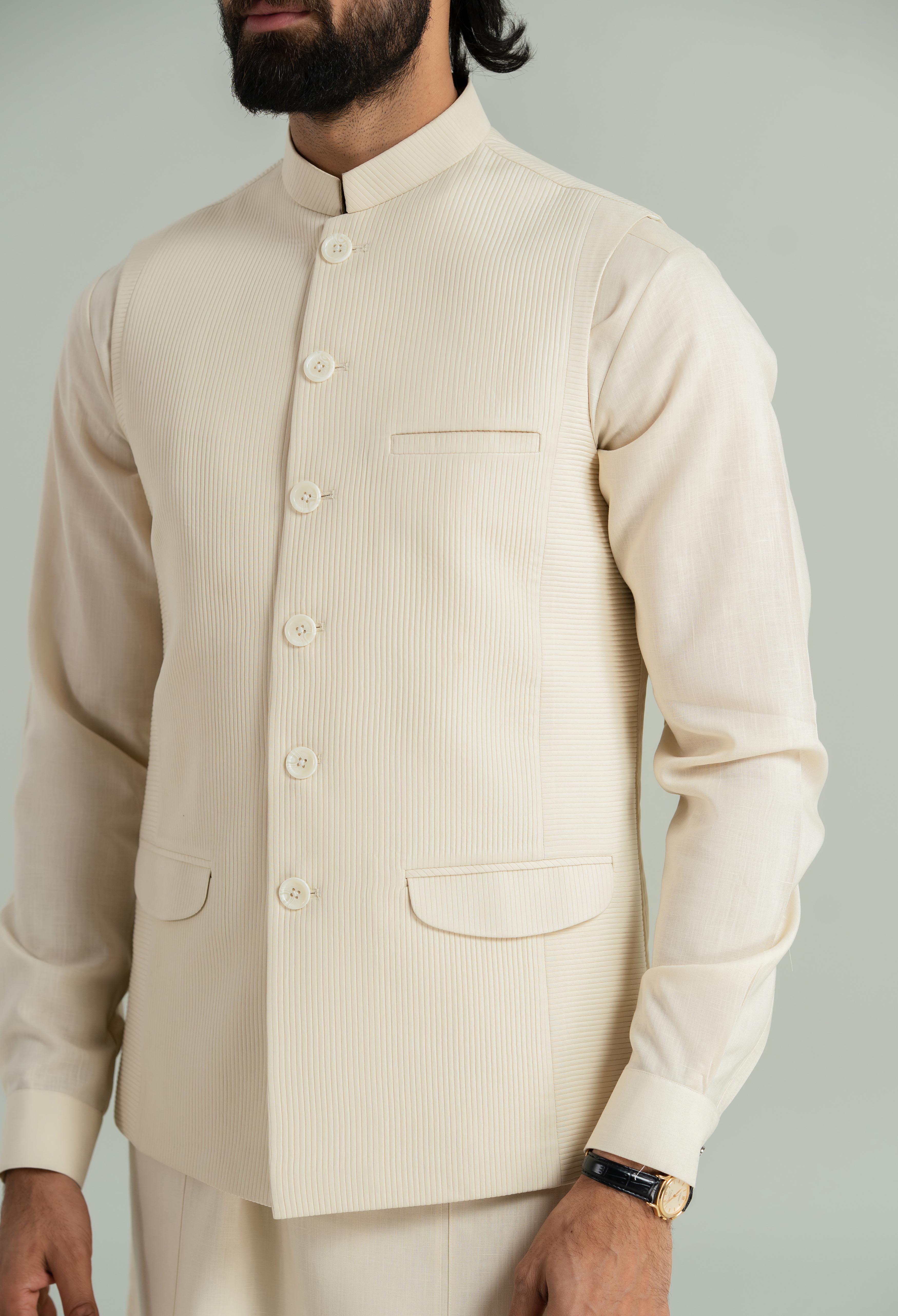 Creamy Beige Textured Waistcoat